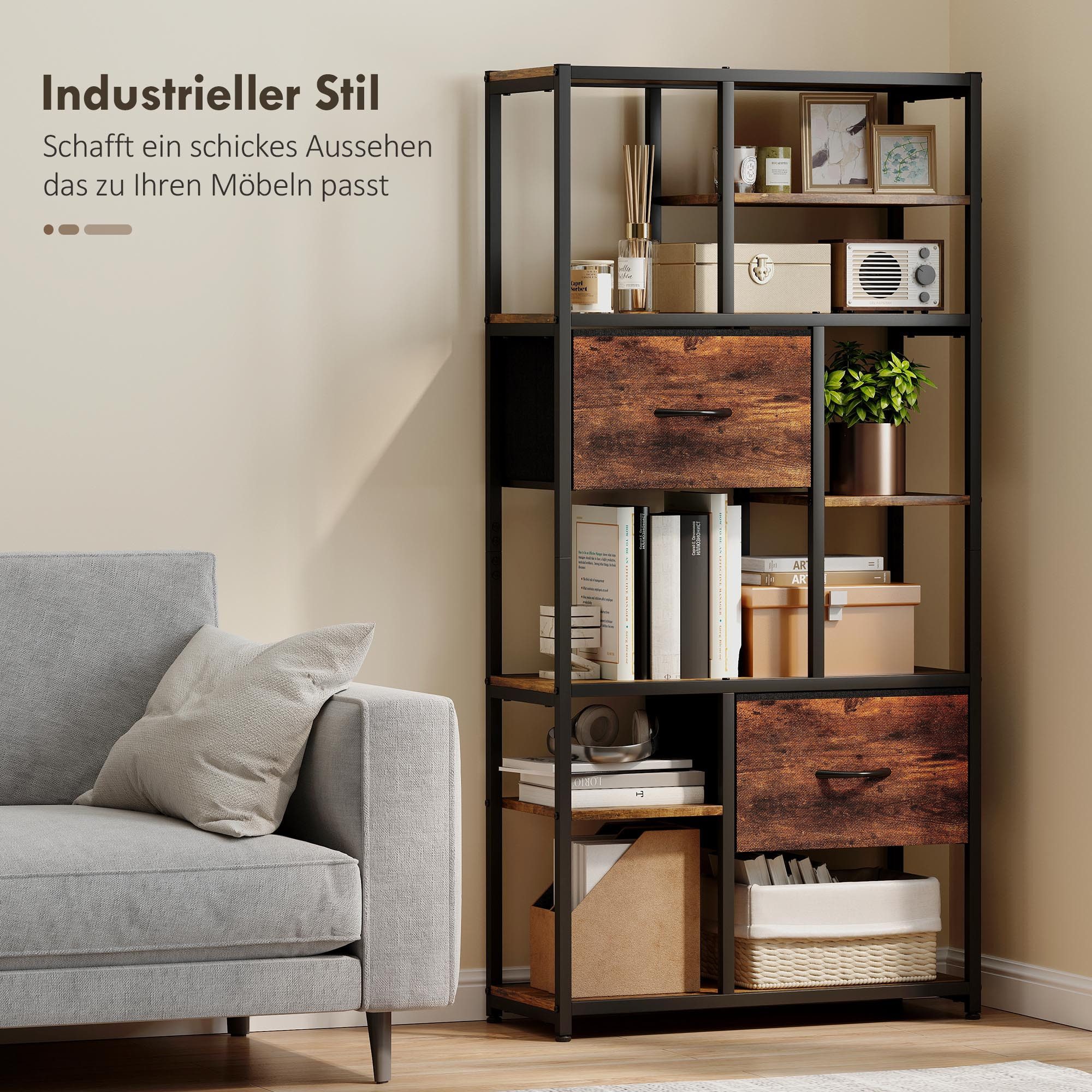 HOMCOM Standregal Bücherregal mit 2 Stoffschubladen, 9 offenen Fächern, Aufbewahrungsregal 1-tlg., für Büro, Wohnzimmer, Schlafzimmer, 72,5x30x150 cm, Rustikal-Braun