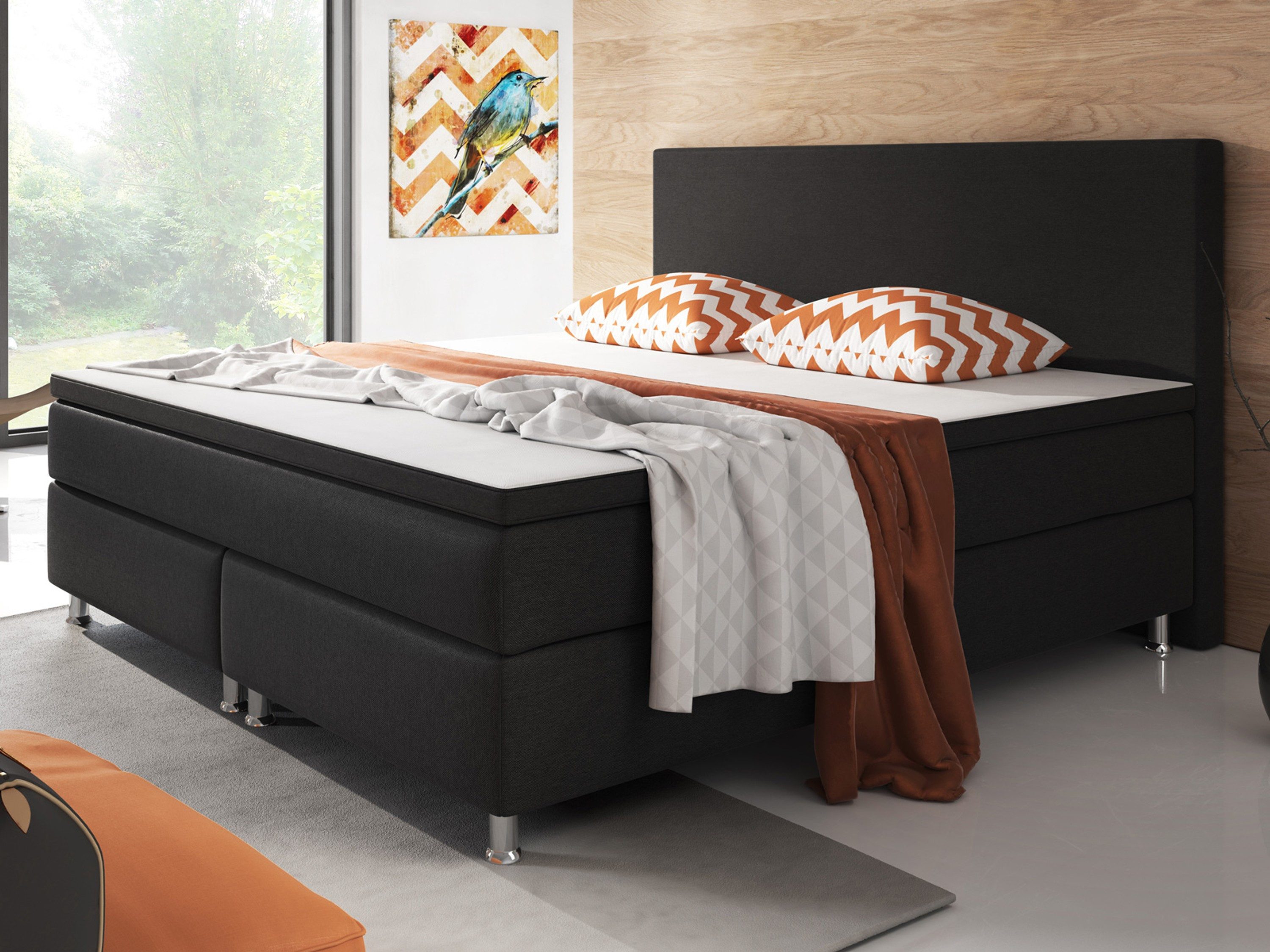 inter Boxspringbett Berlin Webstoff (180x200 cm, Boxspringbett-Set,7-Zonen-Taschenfederkernmatratze und Topper), Hohes Kopfteil, Inklusive Topper für optimalen Liegekomfort