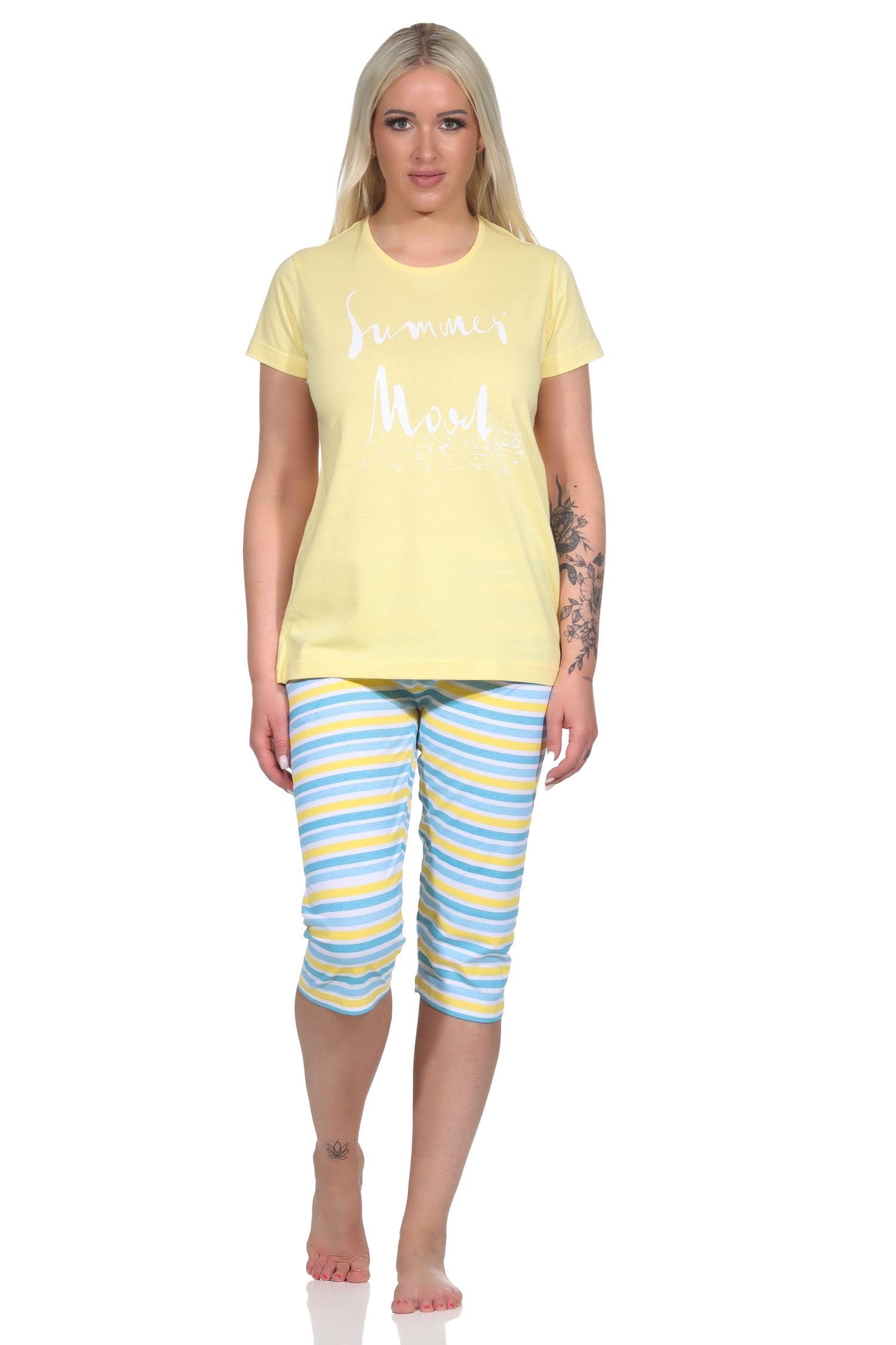 RELAX by Normann Pyjama Sommerlicher Damen Capri Schlafanzug, kurzarm Pyjama Hose geringelt gelb