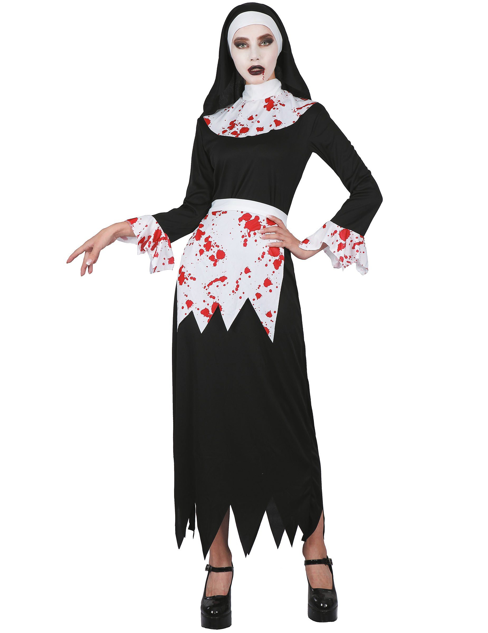 JADEO Kostüm Blutiges Nonnen-Kostüm Halloweenkostüm für Damen schwarz-weiss-rot