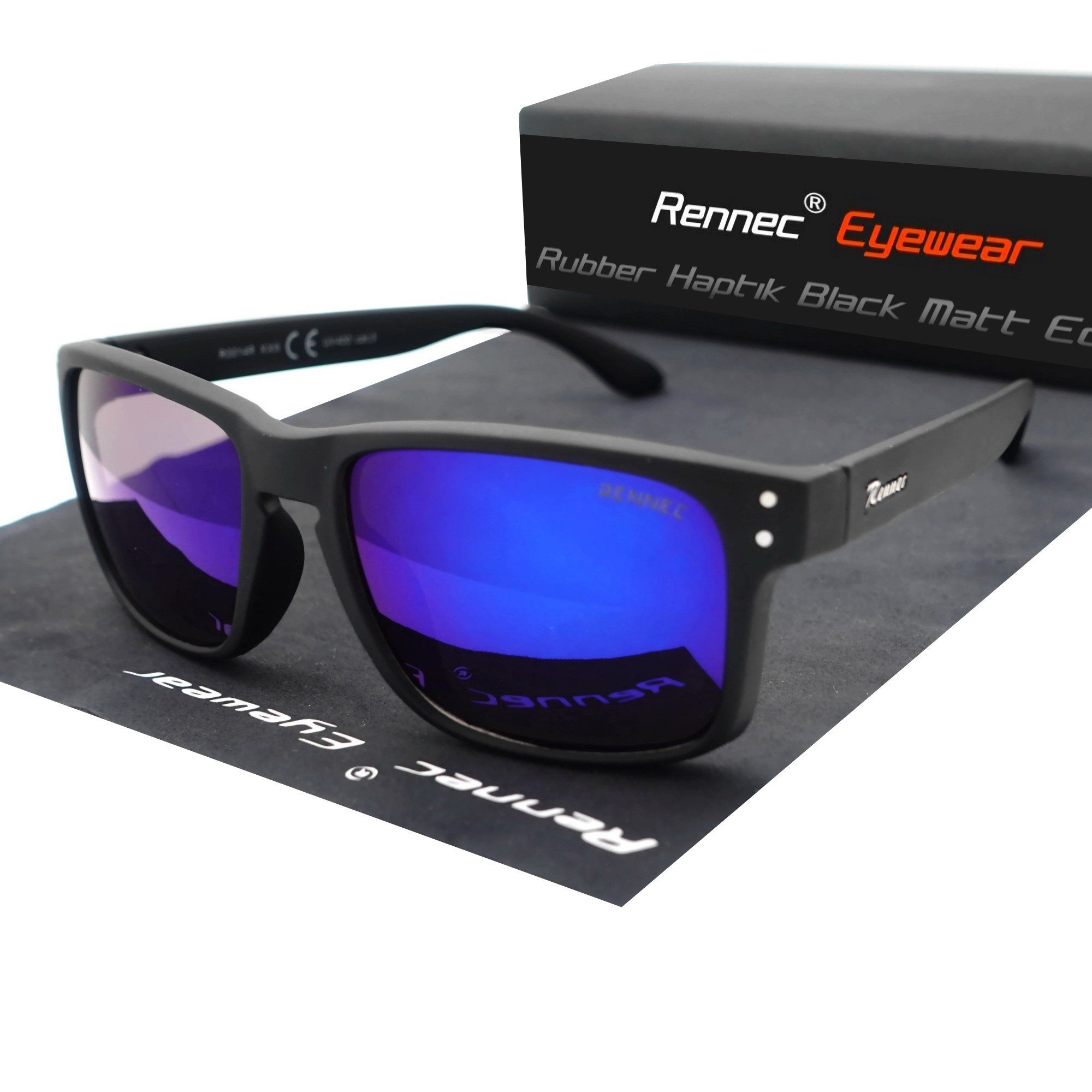 Rennec Sonnenbrille (Herren Marken Brille mit Hardcase) Blau Verspiegelt, 3in2 Bügelgelenke, Markenschriftzug