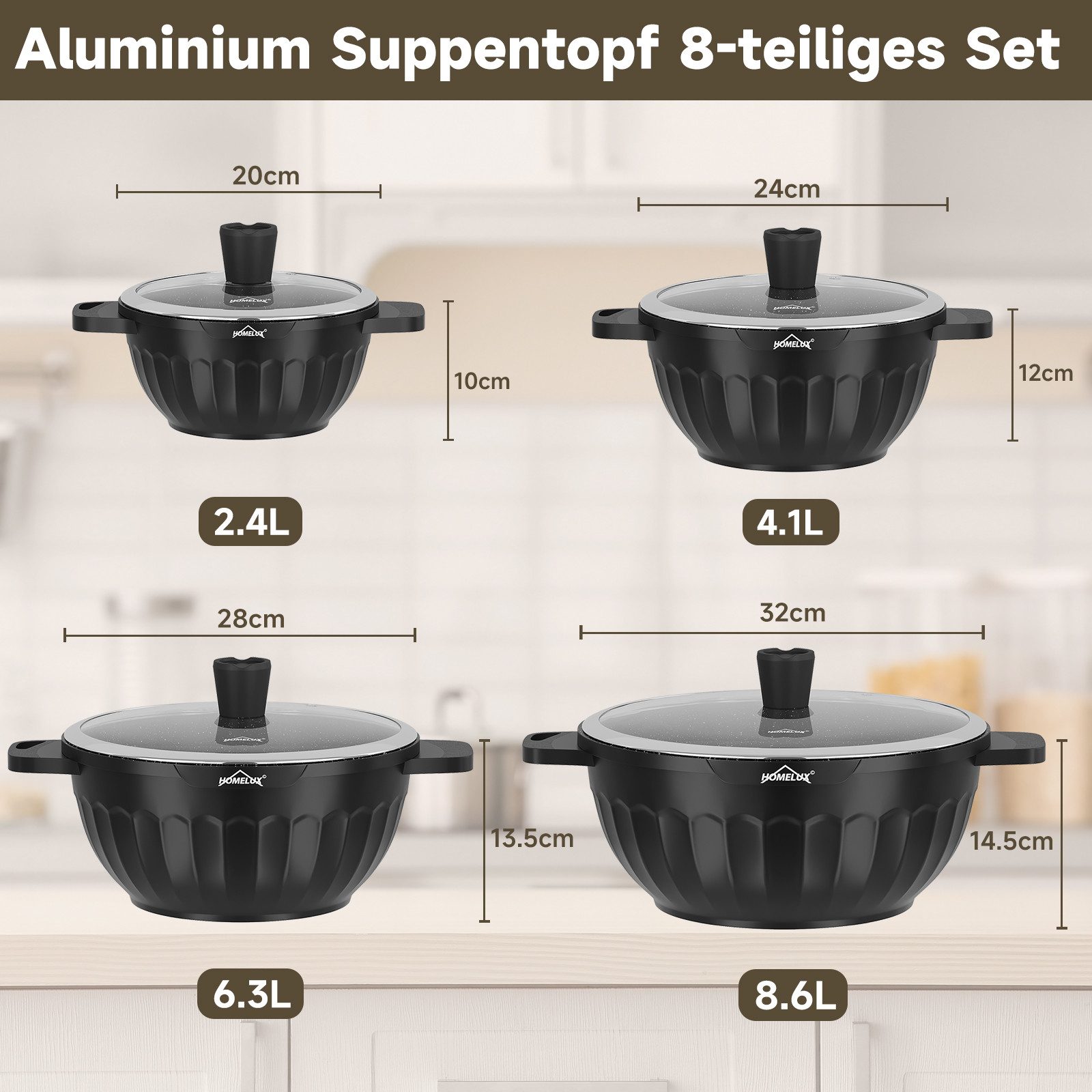 HOMELUX Topf-Set 8-tlg Kochtopf Set Induktions 20/24/28/32cm Töpfe Set mit Deckel, Aluminium (Kochtöpfe Induktions für Alle Herdarten), Induktion, Antihaft-beschichtung