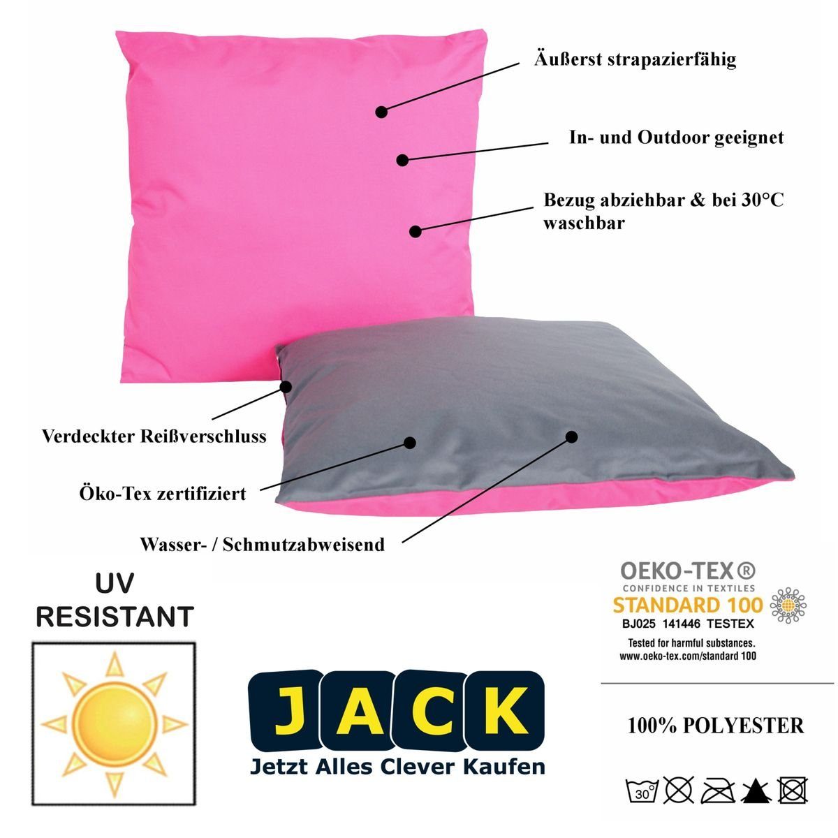 Anthrazit-Pink 45x45cm für Dekokissen JACK Lounge mit Innen geeignet Füllung, inkl. Robust, Lotus-Effekt, Wende Grau-Rosa Outdoor / Strapazierfähig, Kissen Außen & 4x JACK 2-farbiges