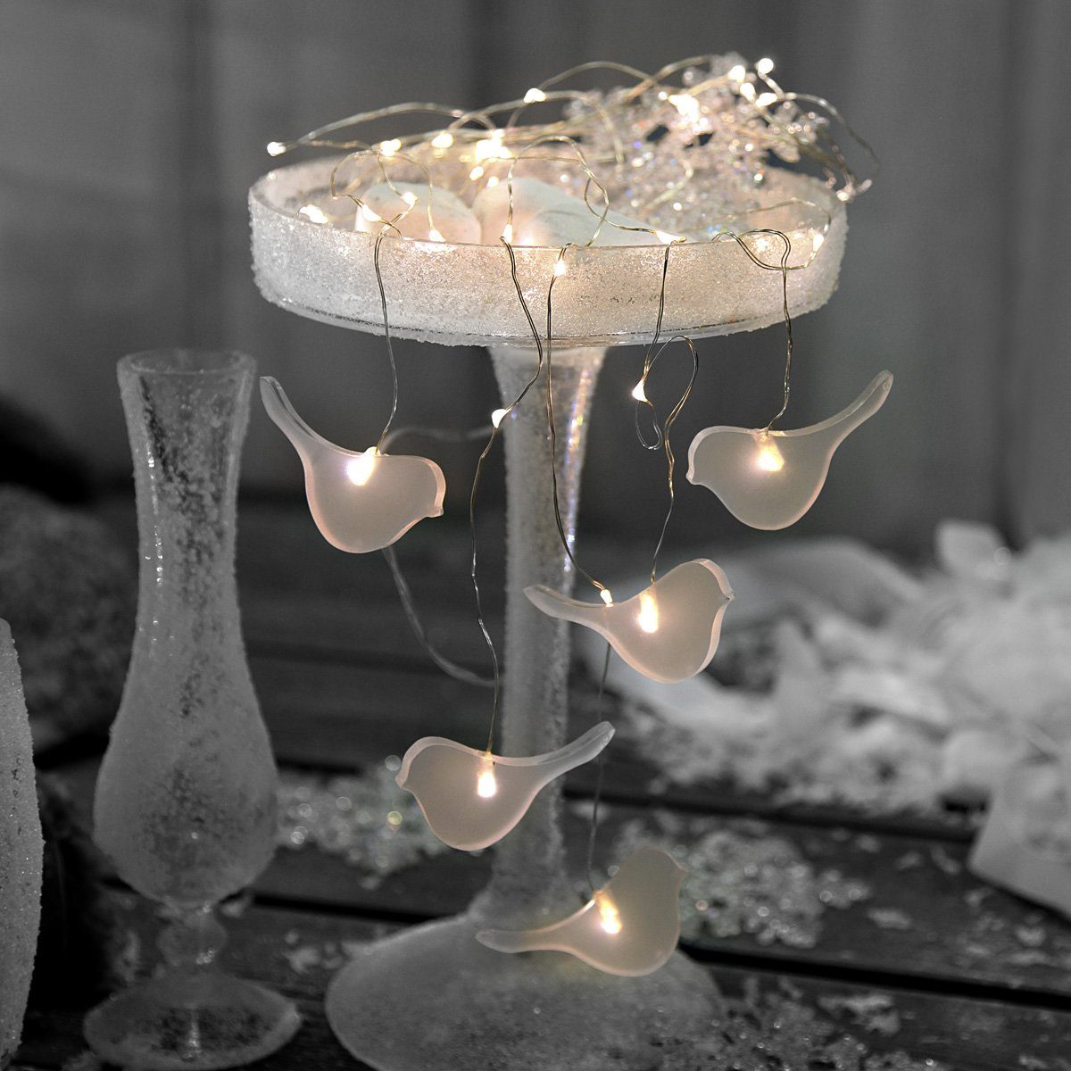 STAR TRADING LED-Lichterkette Vögel Tautropfen Drahtlichterkette 5 Stränge Batterie Timer, 46-flammig