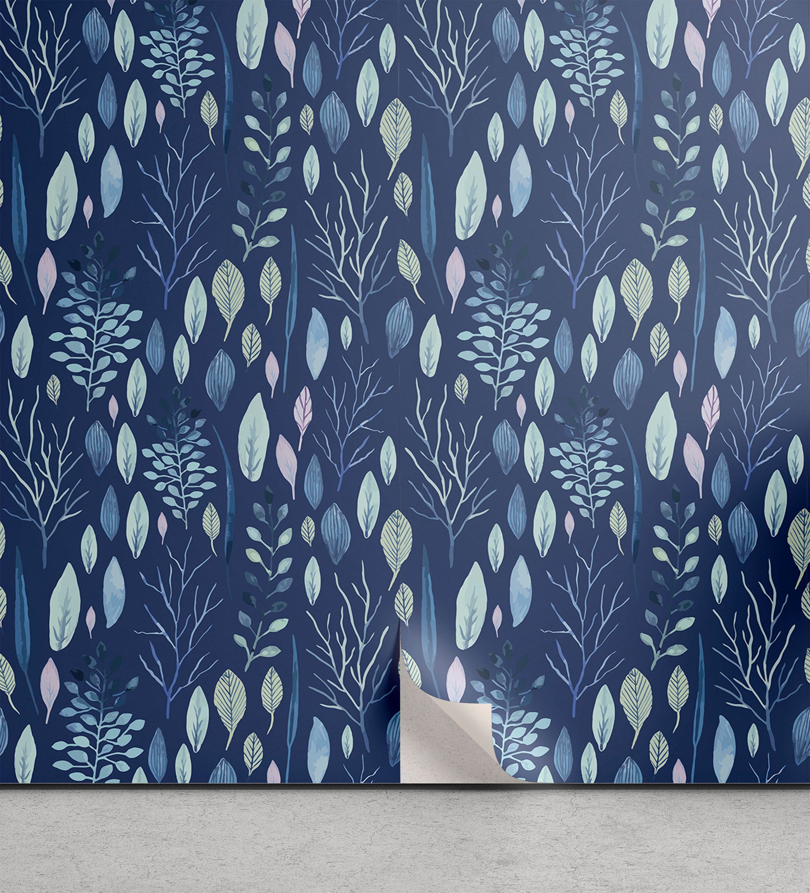 Kunst selbstklebendes Blau Aquarell Wohnzimmer Vinyltapete Abakuhaus Küchenakzent, Blätter