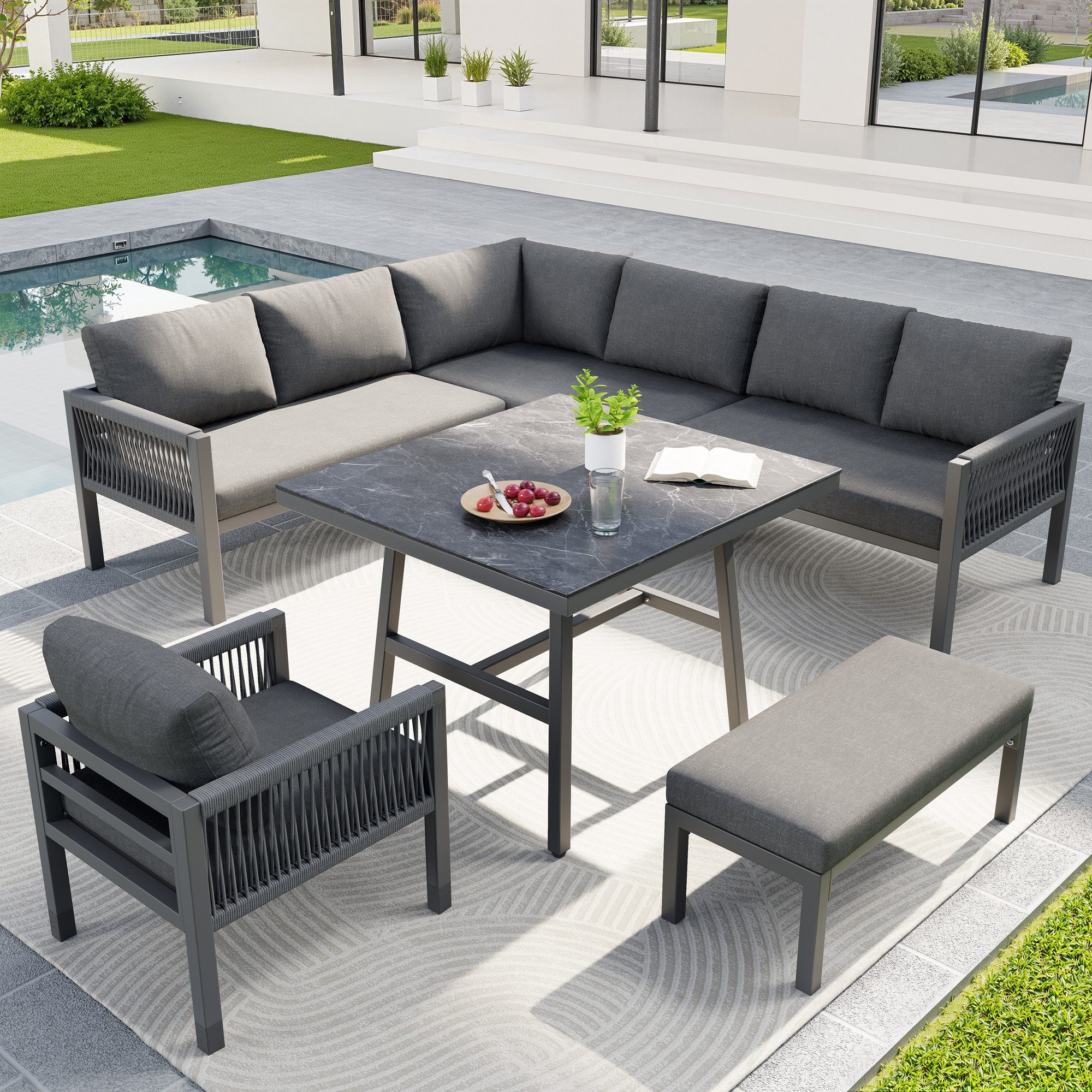 Celya Gartenlounge-Set Gartenmöbel set, Handgeflochtenes L-Form Garten-Sofa, (Inkl. 1 Tisch mit Marmor-Glasplatte und 2 Sesseln), für bis zu 8 Personen, Robuster Eisengestell mit grauen Polstern