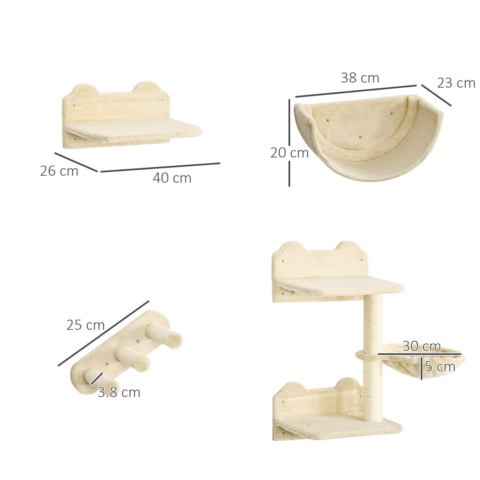 PawHut Katzen-Kletterwand 4-teilig Set mit Kaztentreppe, Katzenbrücke, für Katzen bis 5 kg, Polyester, beige