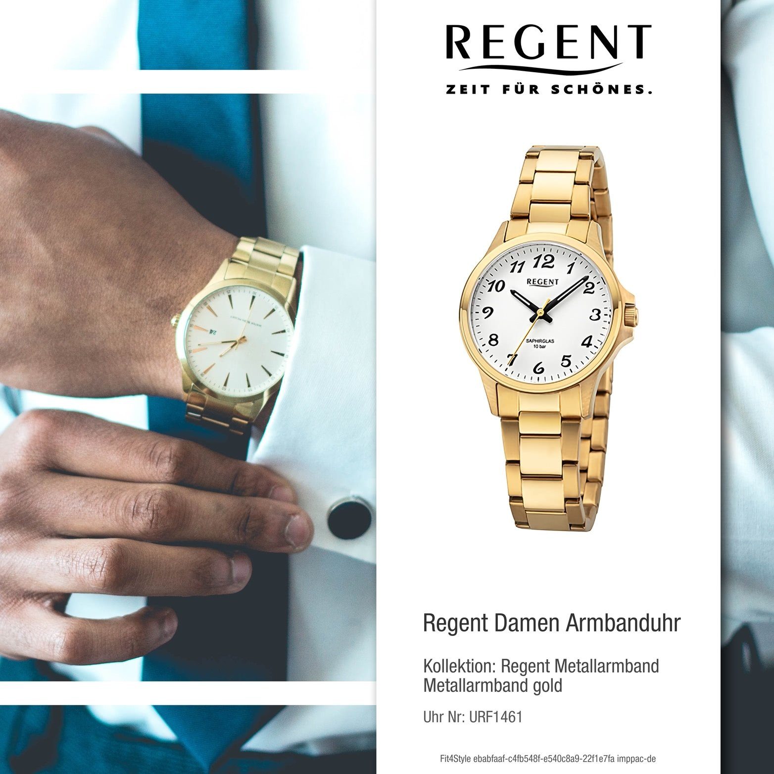 32mm) Regent groß Analog, gold, (ca. Metallarmband Quarzuhr rundes Damenuhr Damen Regent Armbanduhr extra Gehäuse,