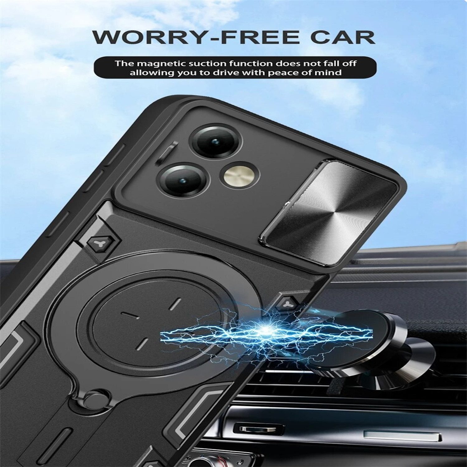 Wigento Handyhülle Für Motorola Moto G54 Armor Magnet Ring Cover Handy Hülle Case Schwarz