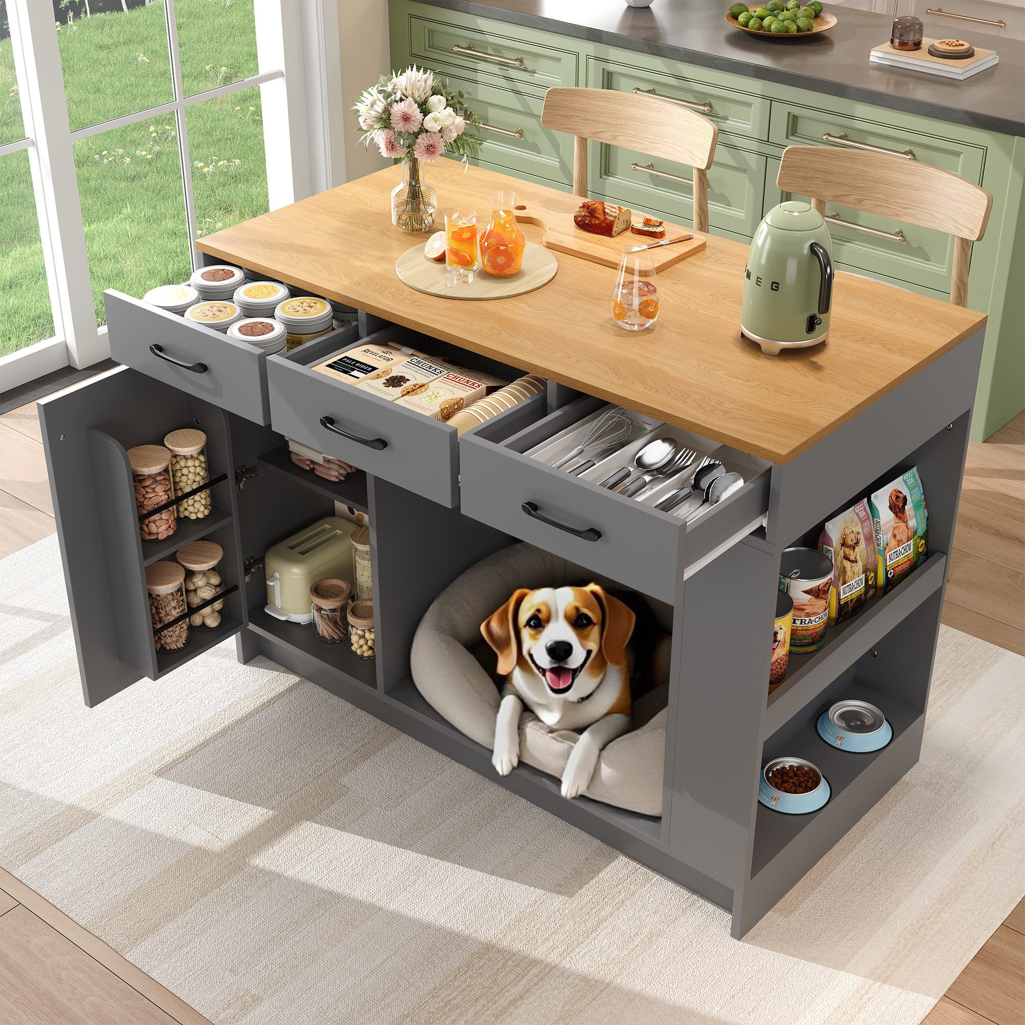 Ulife Kücheninsel Schrank mit 3 Schubladen, 1 Gewürzablage,120*60*90 cm, grau, Regulierbarer Regalboden, geräumiger Haustieraufbewahrungsbereich