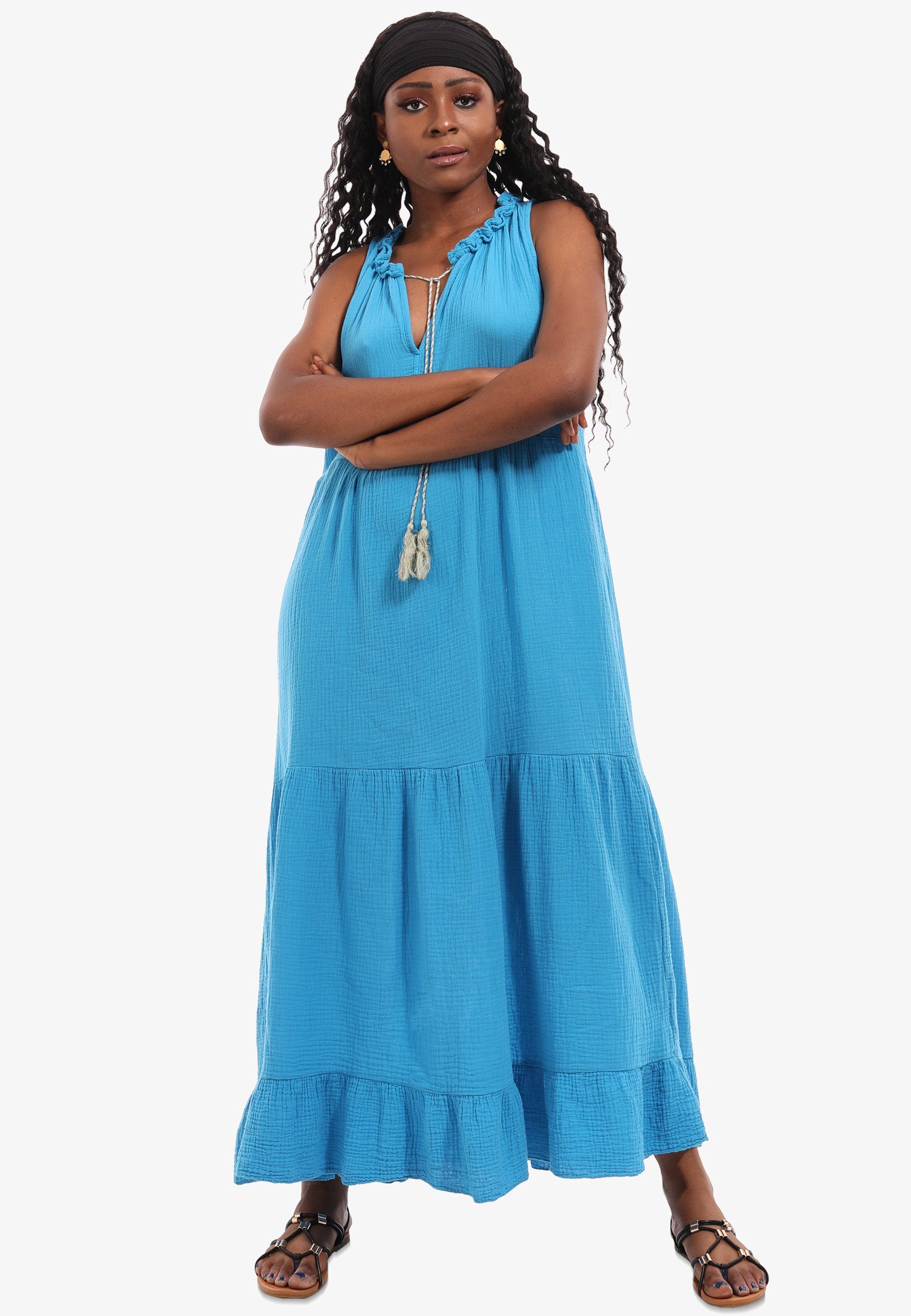 YC Fashion & Style Maxikleid Musselin Sommerkleid mit V-Ausschnitt, Quastenband in Unifarbe
