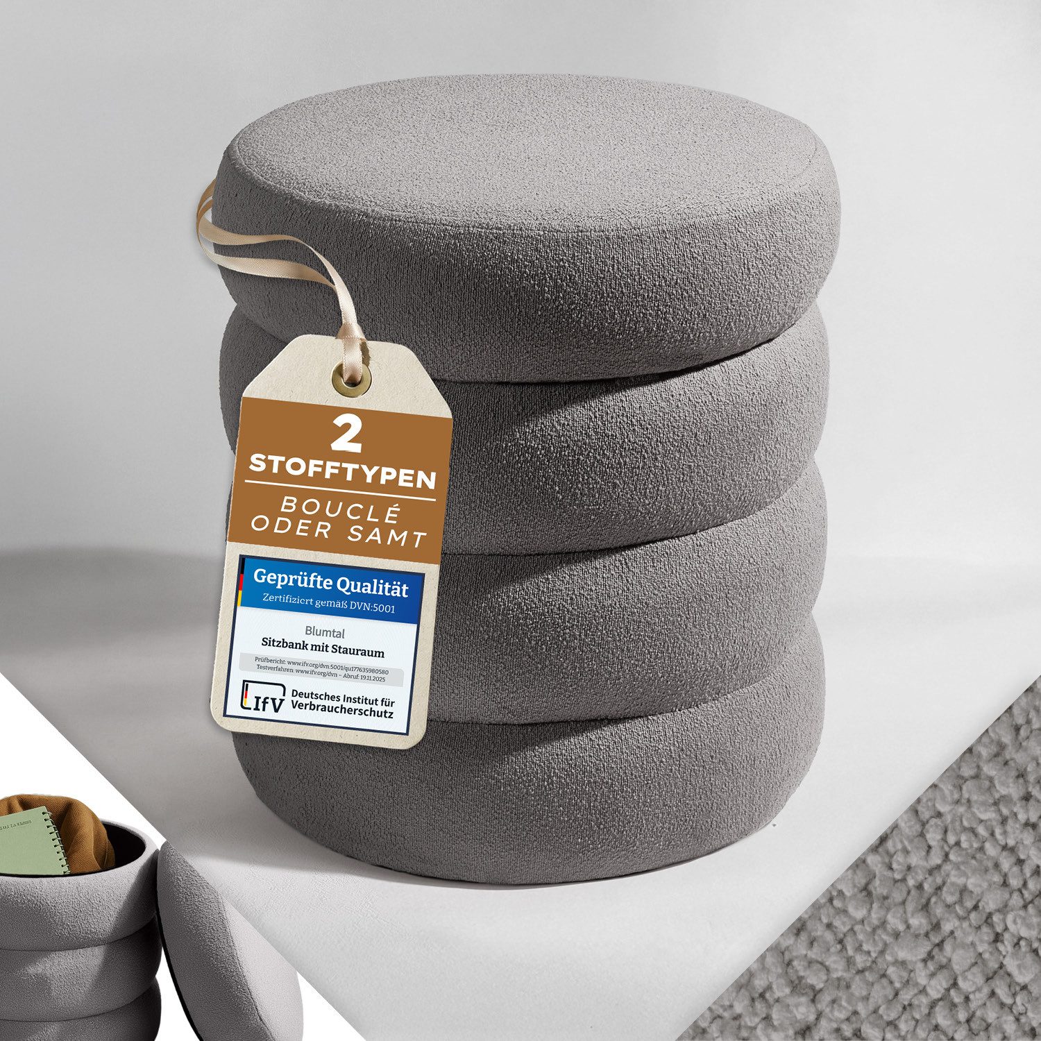 Blumtal Sitzhocker Hocker mit Stauraum mit Bouclé oder Velvet-Bezug, robuste Sitztruhe mit Stauraum und extrem Dickes MDF