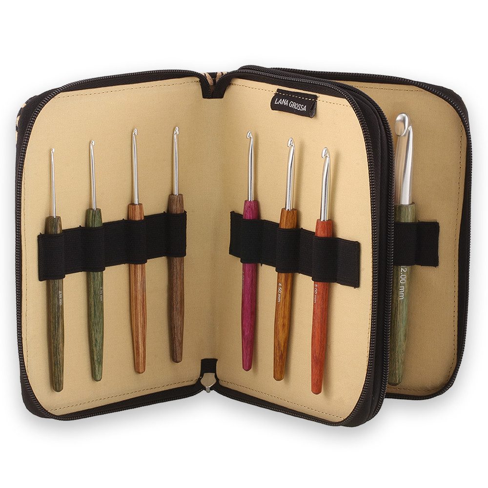 LANA GROSSA Häkelnadeln KnitPro Häkelnadel-Set Alu mit Holzgriff 14 Nadeln im stilvollen Etui, Edle Holz-Häkelnadeln 2,0 bis 12,0 mm im stilvollen Etui
