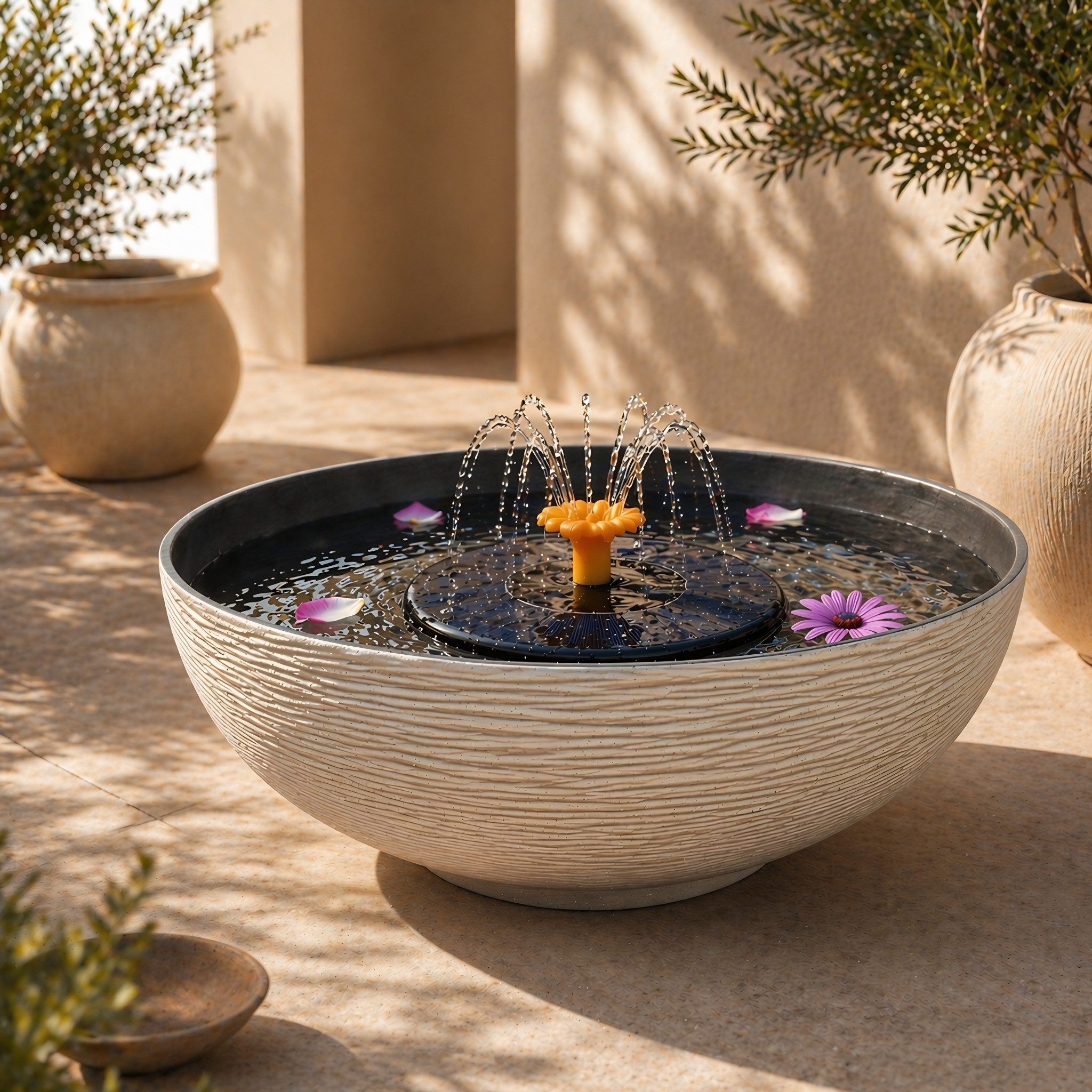 matches21 HOME & HOBBY Wasserspiel Solar Brunnen Set inkl. Akku - 45 cm Schale in sand, (2 tlg), Solar Springbrunnen und Brunnenschale als Gartendeko