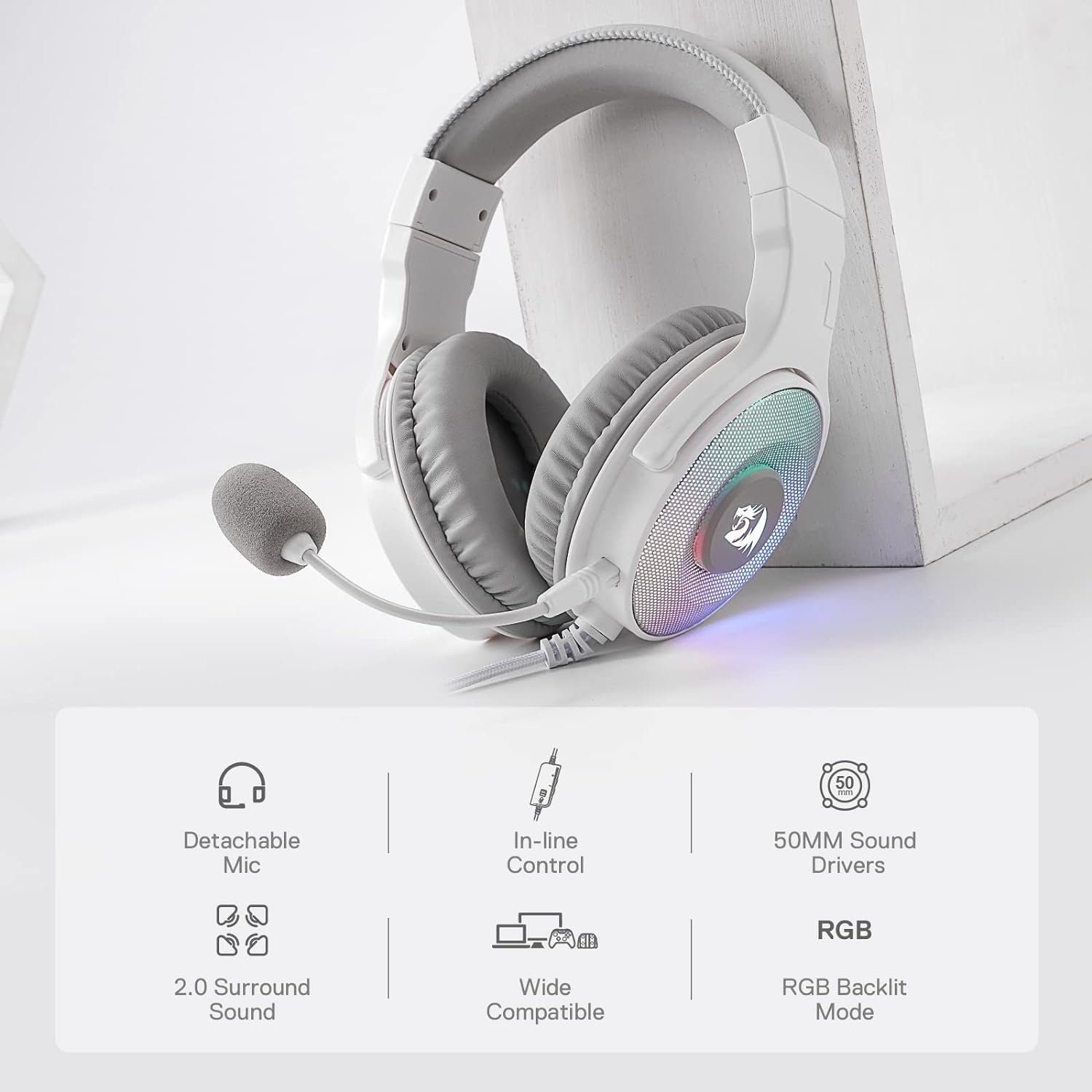 abnehmbares Over-Ear-Kopfhörer, Mikrofon, Mikrofon, Over-Ear-Kopfhörer, abnehmbares Redragon Mikrofon) kabelgebundenes Gaming-Headset H350 Surround-Sound Kopfhörer (abnehmbares RGB