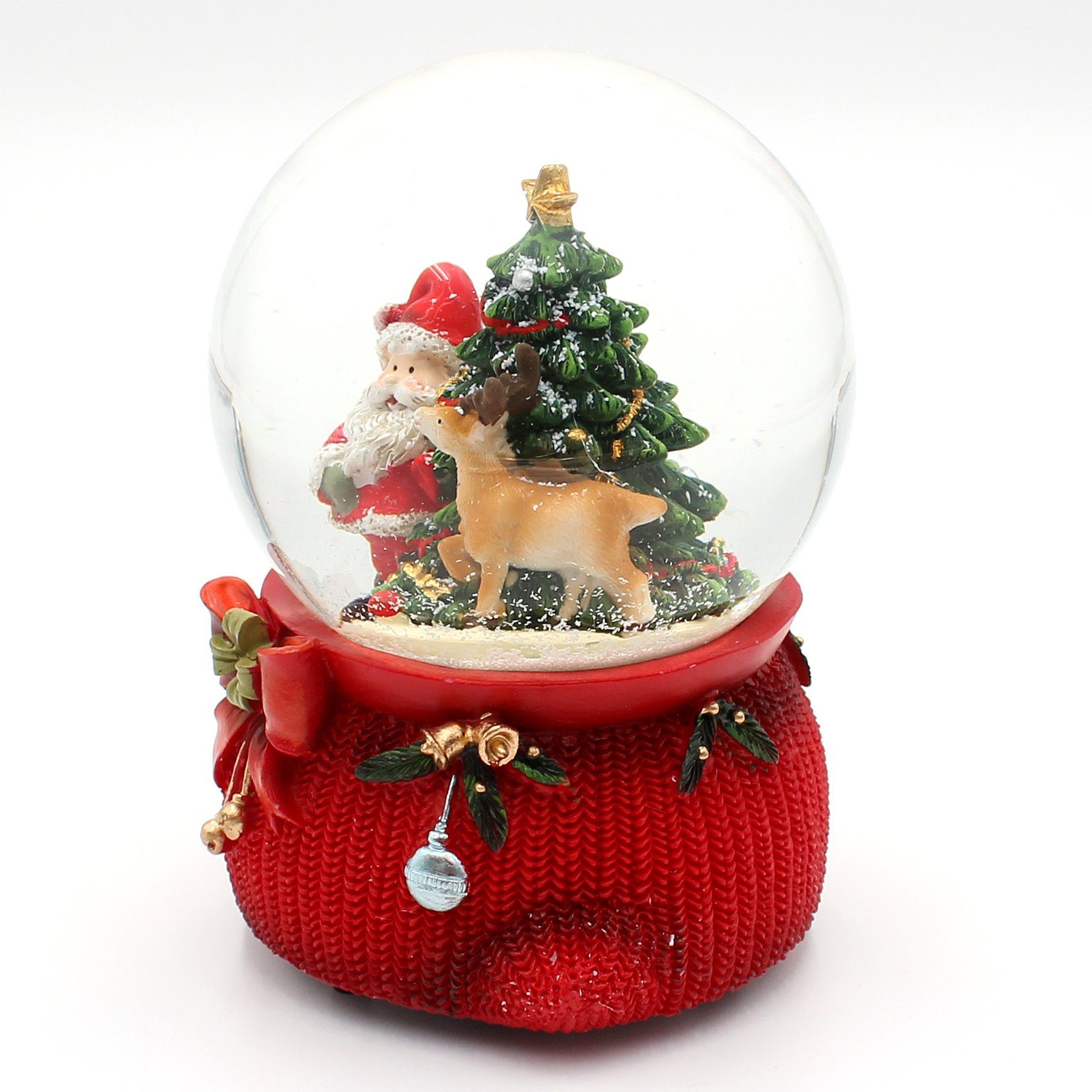 Dekohelden24 Schneekugel Große Schneekugel, Weihnachtsmann mit Reh und Tannenbaum, mit Sound, (1 St)