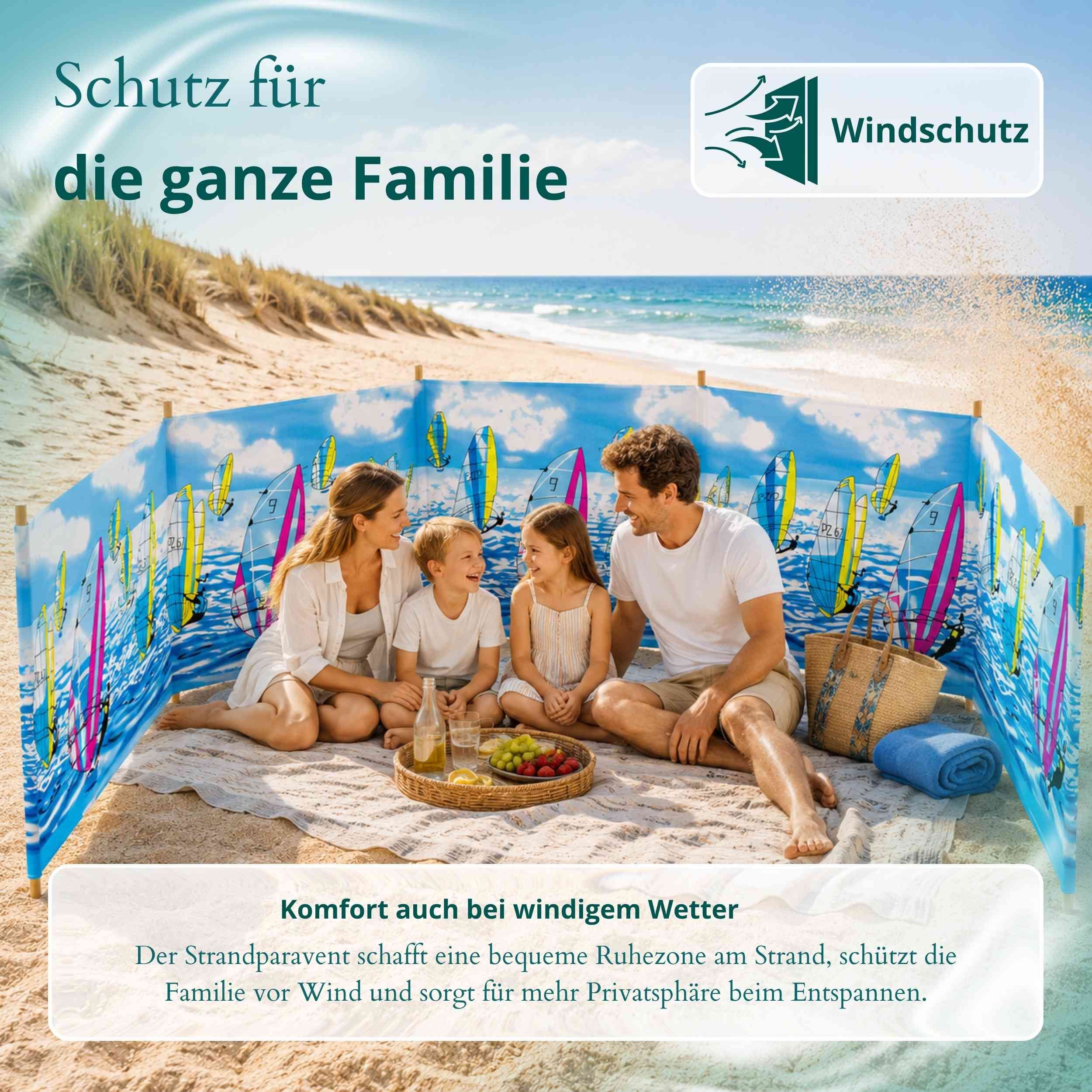 Lantigo Windschutz Sichtschutz Sonnenschutz Strandparavent aus Mikrofaser – portabel, (Surfing, Länge: 4 m), - Faltbarer Sonnenschutz für Strand, Camping & Gart – Bild 4 von 5