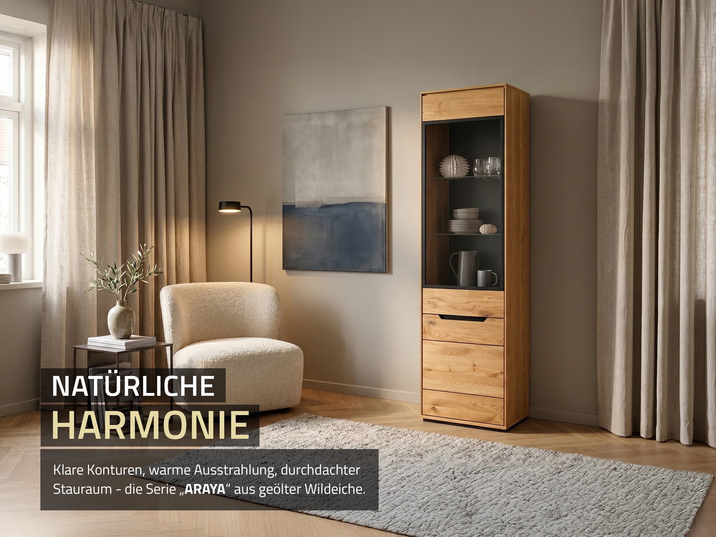 Massivart® Glasvitrine Vitrine 53 x 196 cm Wildeiche geölt »ARAYA« Massivholz · 1 Glastür · 1 Drehtür · 3 Einlegeböden