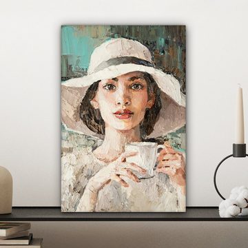 OneMillionCanvasses® Gemälde Gemälde - Frau - Ölzeug - Hut - Kaffee, (1 St), Leinwandbild fertig bespannt inkl. Zackenaufhänger, Gemälde, 20x30 cm