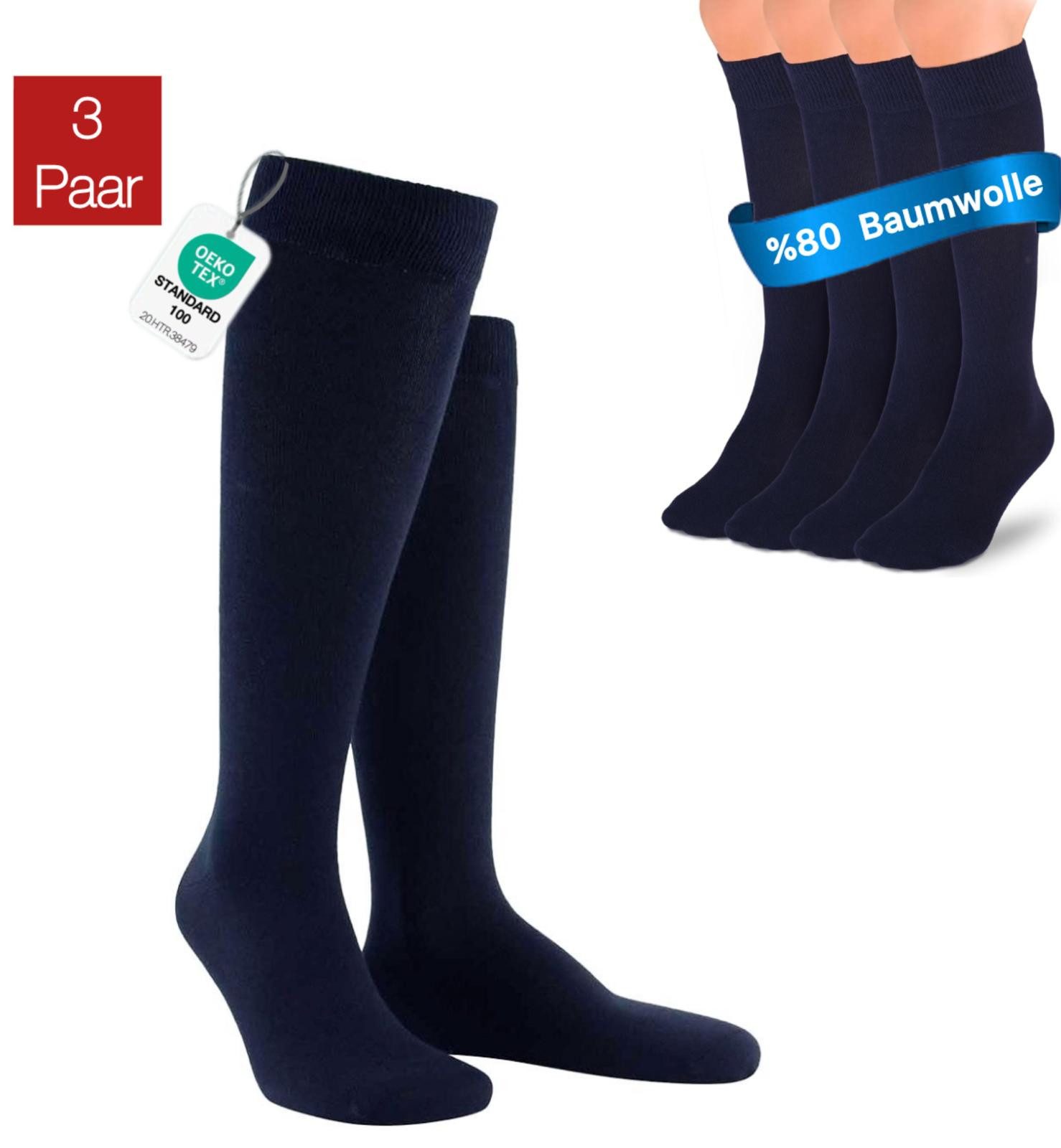 Kniestrümpfe 3-6 Paar Damen & Herren aus hochwertiger Baumwolle ohne drückende Naht