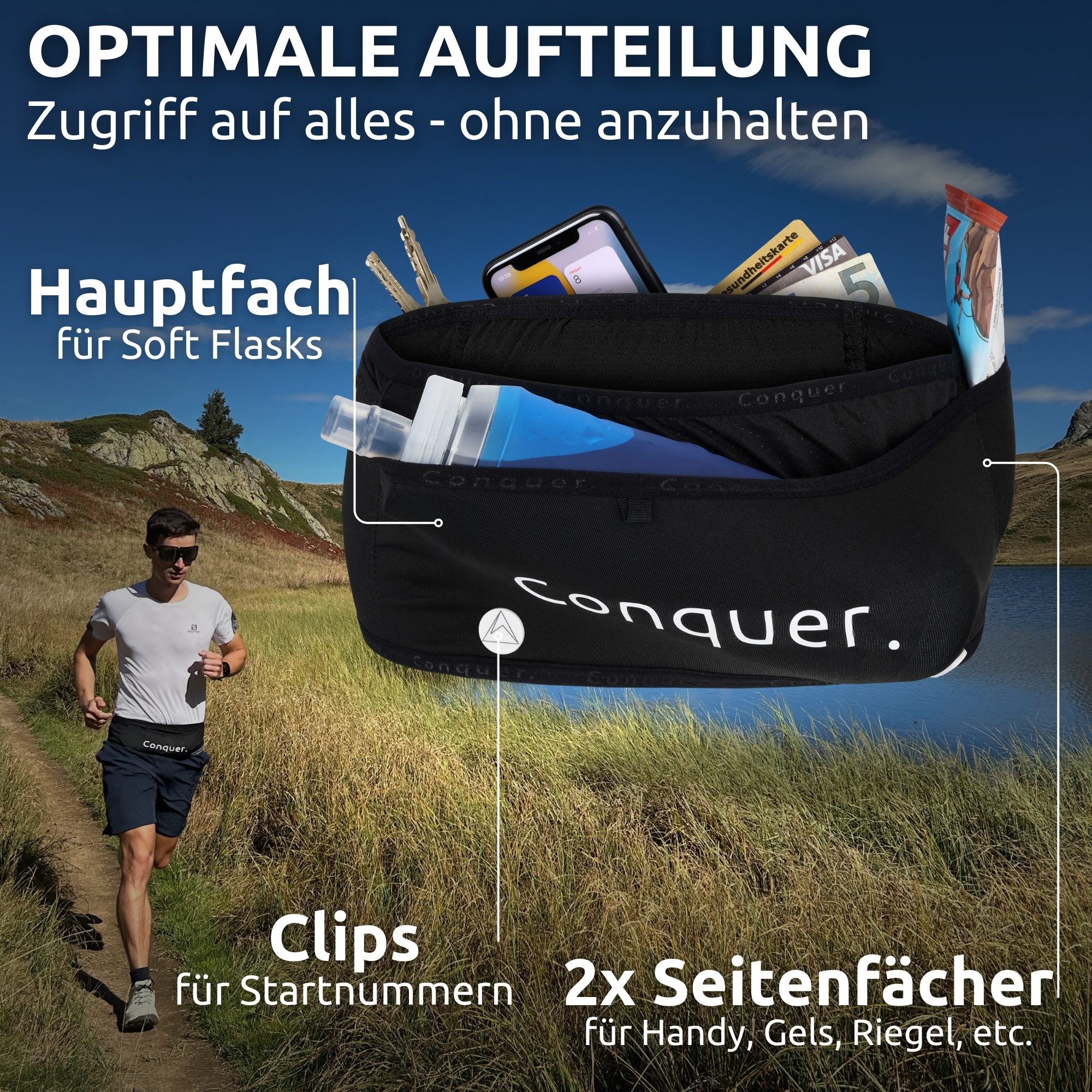 Conquer. Laufgürtel für Flasche und Zubehör - Lauftasche Damen & Herren Enge Passform