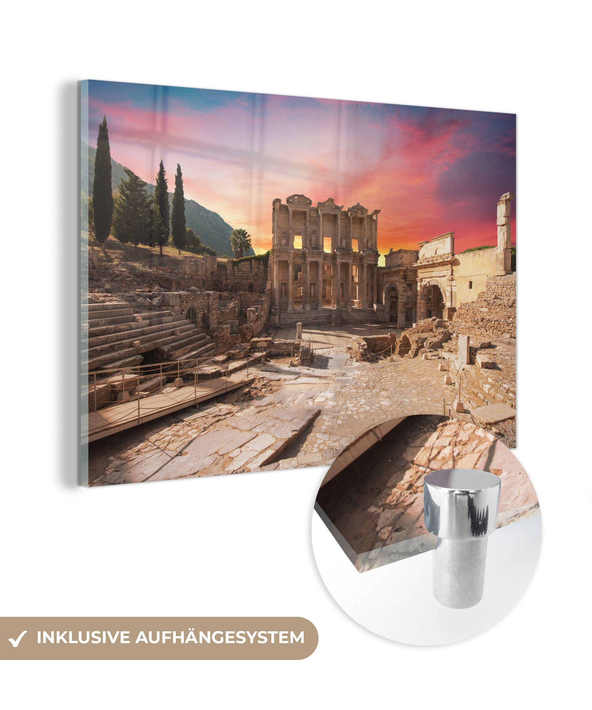 MuchoWow Acrylglasbild Sonnenaufgang hinter der Bibliothek des Celsus in der Türkei, (1 St), Acrylglasbilder Wohnzimmer & Schlafzimmer