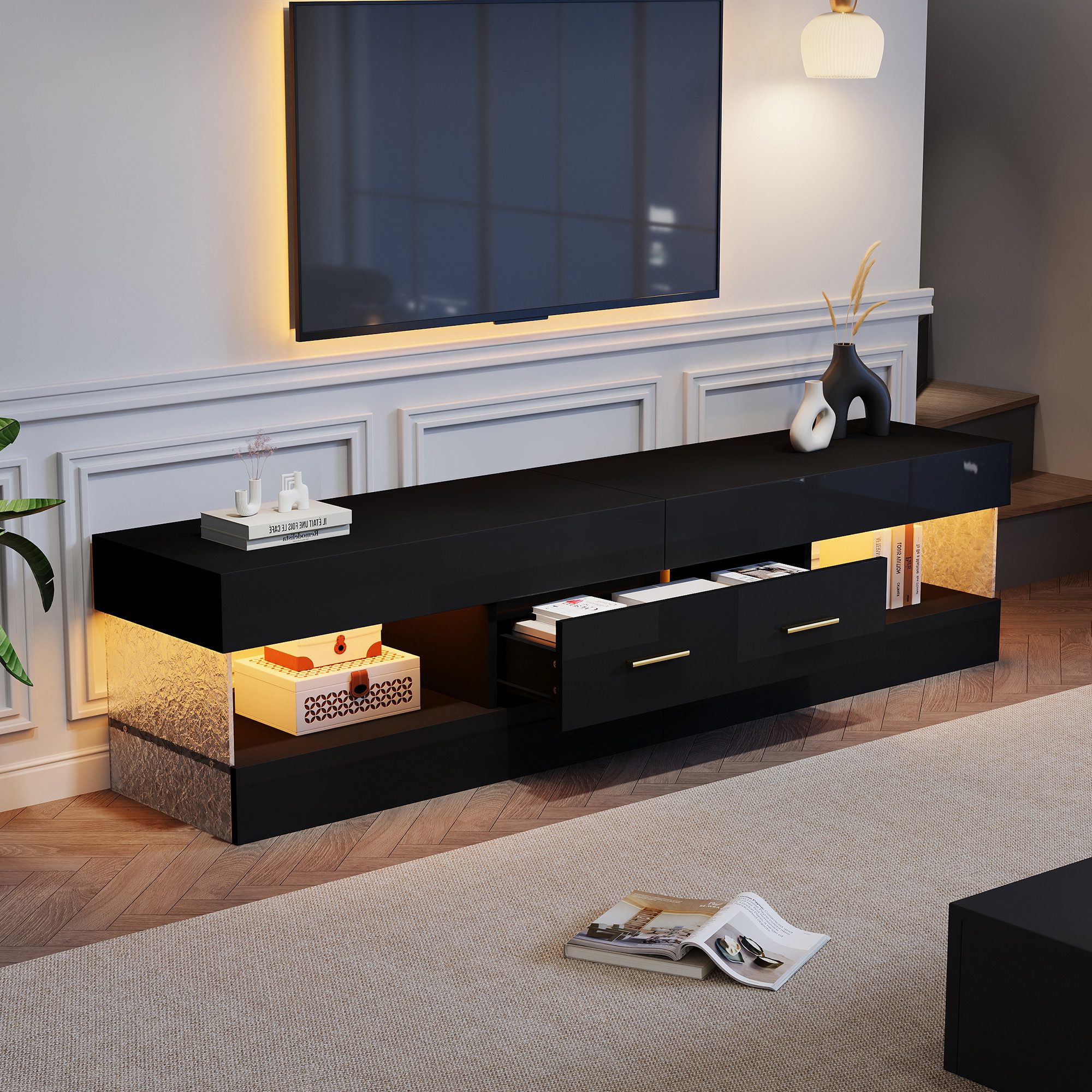 Merax Lowboard mit LED-Beleuchtung (TV-Möbel für Fernseher bis 75 Zoll, 1 St., 152x35x40cm), TV-Schrank mit Acryl-Seitenwänden, 2 Schubladen & 4 offenen Fächern