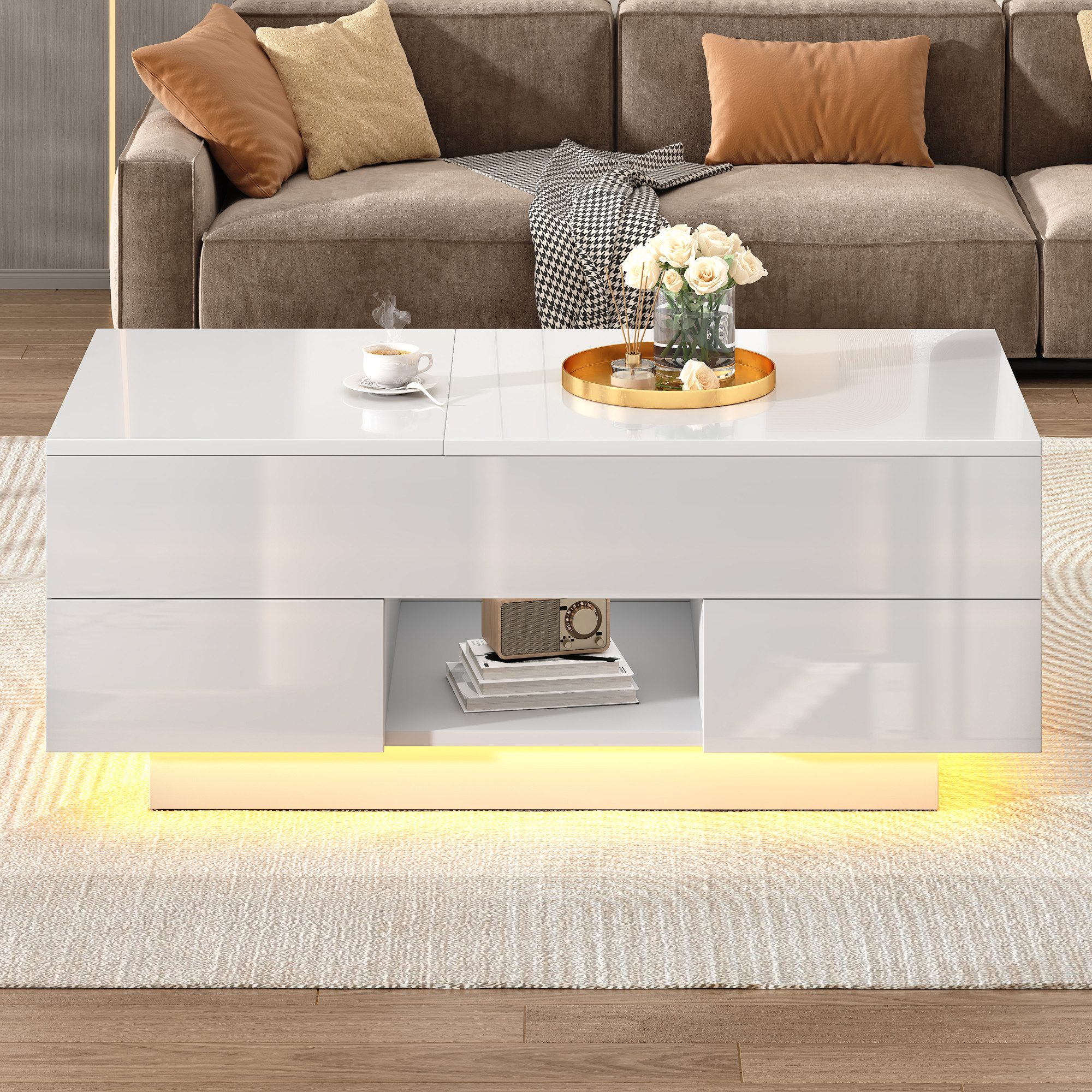 REDOM Couchtisch Mit LED-Beleuchtung & 2 Schubladen (Packung, 1-St., Versteckter Stauraum, Spanplatte), Beistelltisch 100x45x43 cm, Weiß Hochglanz