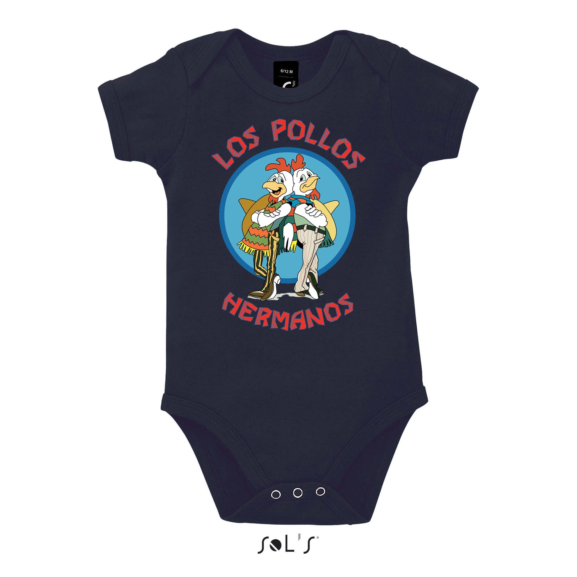 Blondie & Brownie Strampler Kinder Baby Hermanos Hühner Los Pollos mit Druckknopf Navyblau | Sommeroveralls