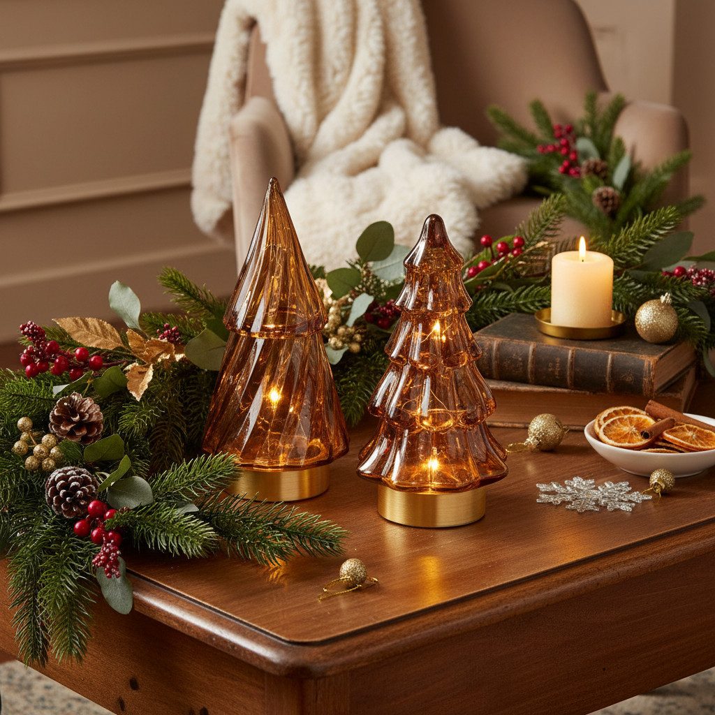 Florists Products Künstlicher Weihnachtsbaum LED Glas Weihnachtsbaum Dekoration für innen batteriebetrieben, 2 Stü