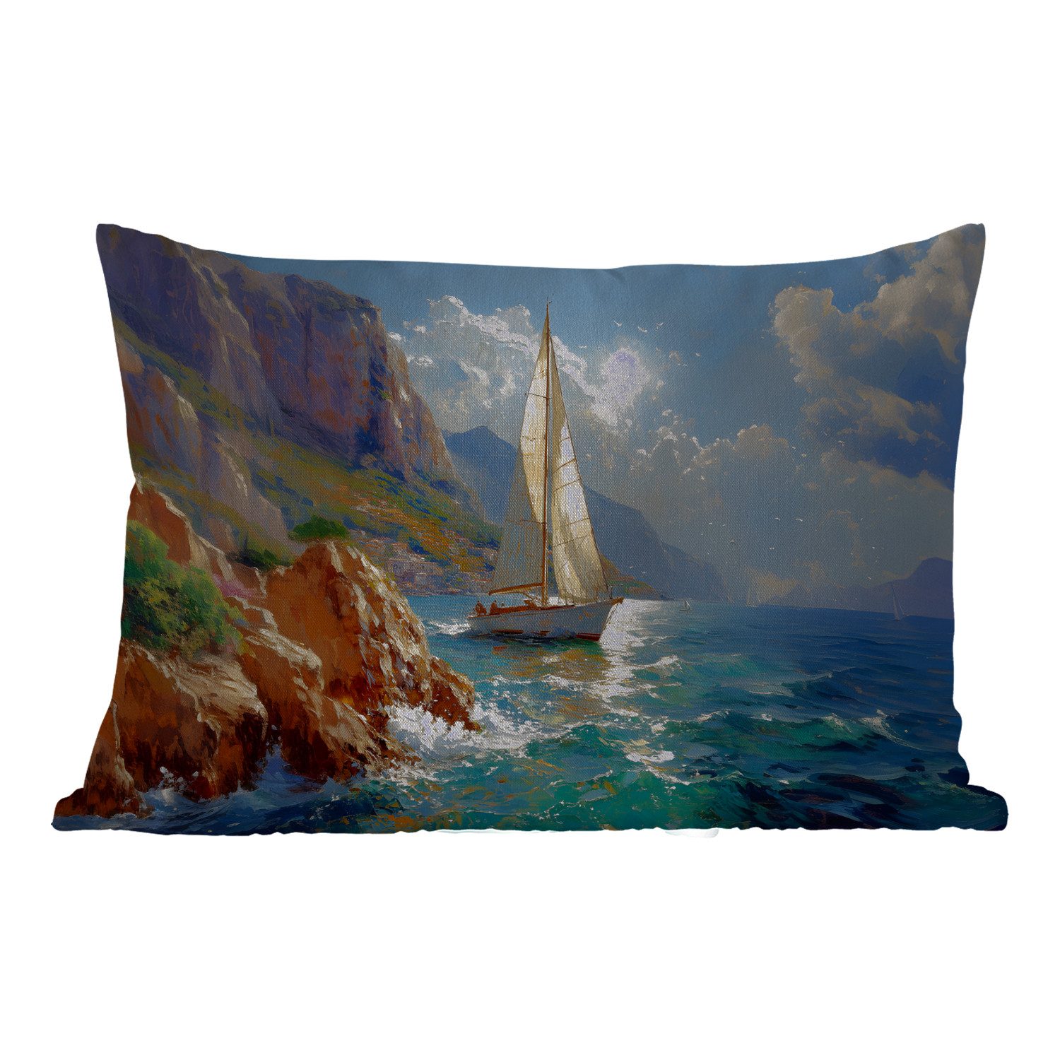 MuchoWow Dekokissen Segelschiff - Meer - Felsen - Wolken, Outdoor-Dekorationskissen, Kissen, Kissenbezug, 50x30 cm