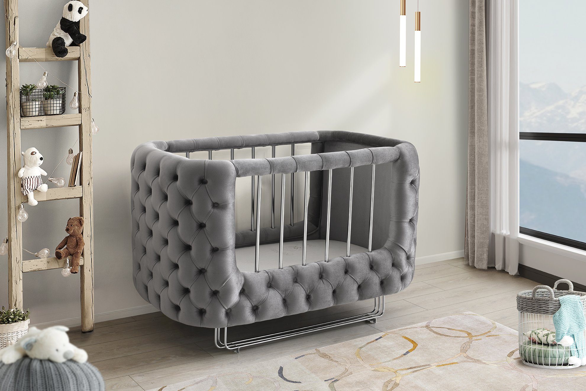 Jabari Babybett 70x120 cm Premium Wollbäckchen - Mega-Deal: 25% Extra-Rabatt, Designer Chesterfield Gitterbett 70x120 Samt Gold Handmade in Germany