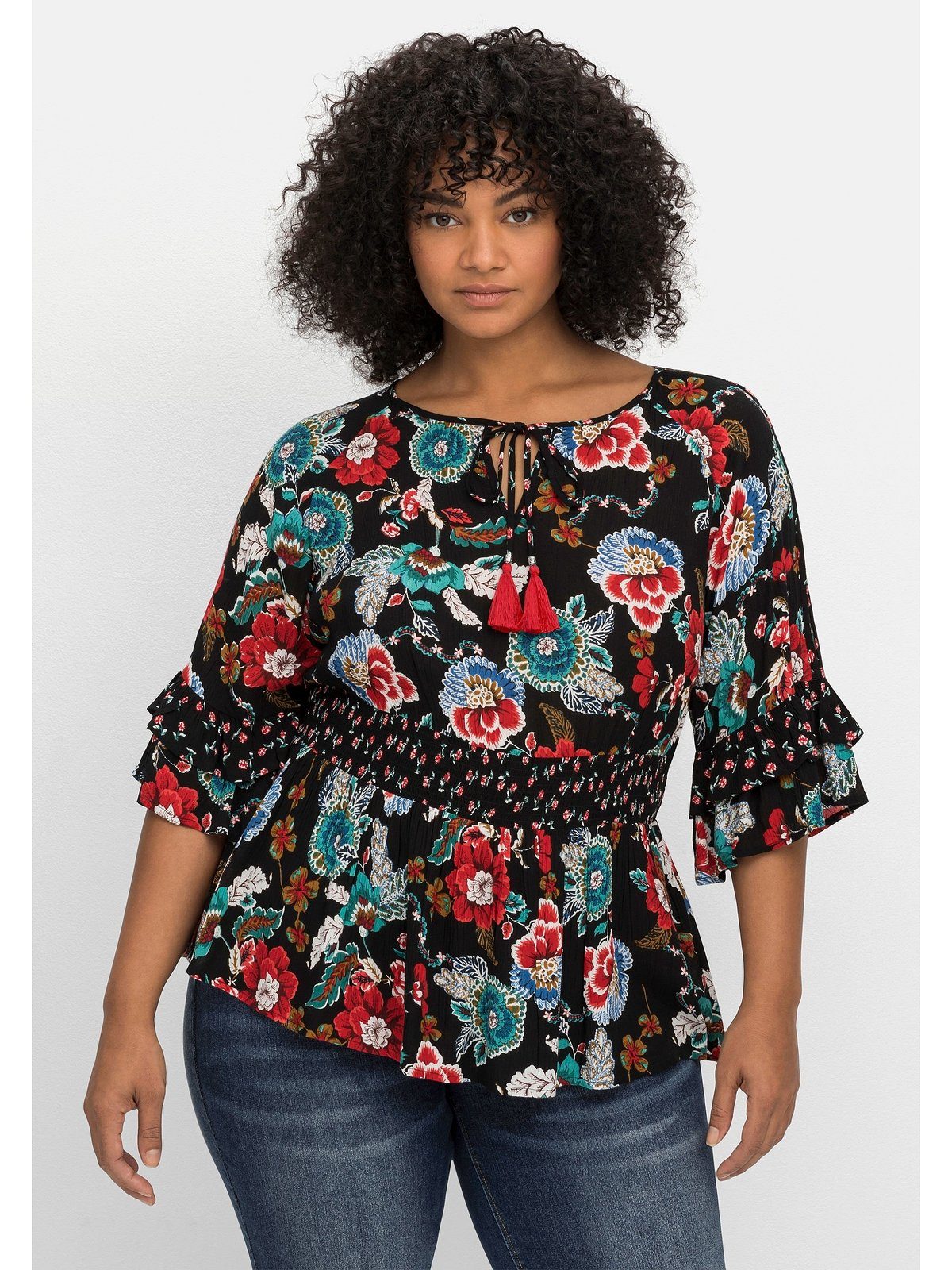 sheego by Joe Browns Tunika Große Größen mit Cut-outs, Smokbund und Blumenprint. Reduzierter Preis € 45,99. Unverbindliche Preisempfehlung € 89,99