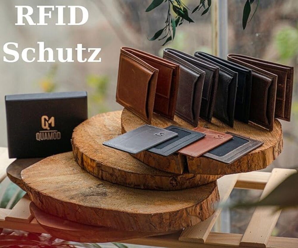 QUAMOD Geldbörse Männer für RFID Echtleder Schutz, Geschenkbox mit Herren Geldbörse Braun