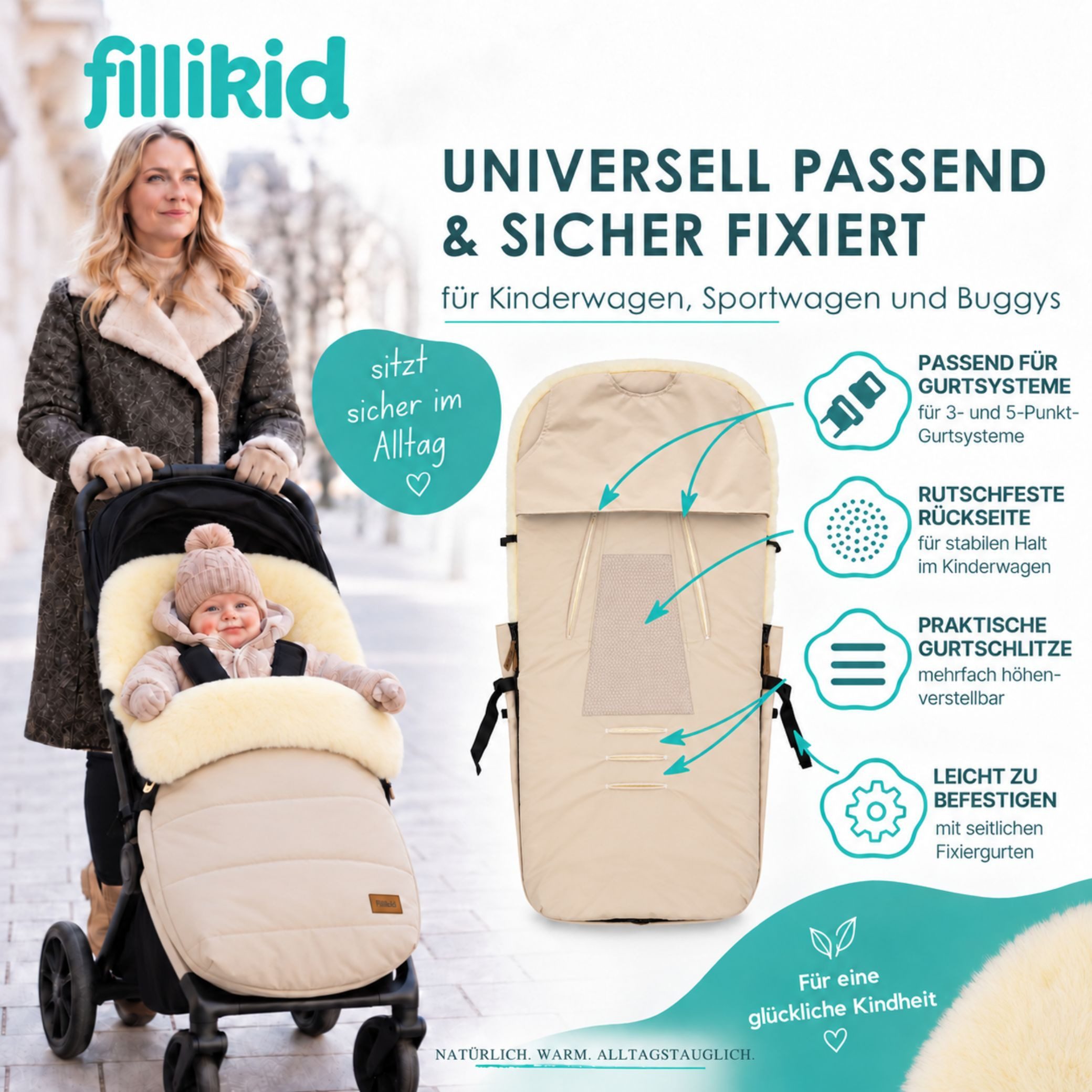 Fillikid Fußsack Winterfußsack Bernina Lammfell Exklusiv, Warmer Winterfußsack mit echtem Merino-Lammfell wasserabweisend und – Bild 3 von 5
