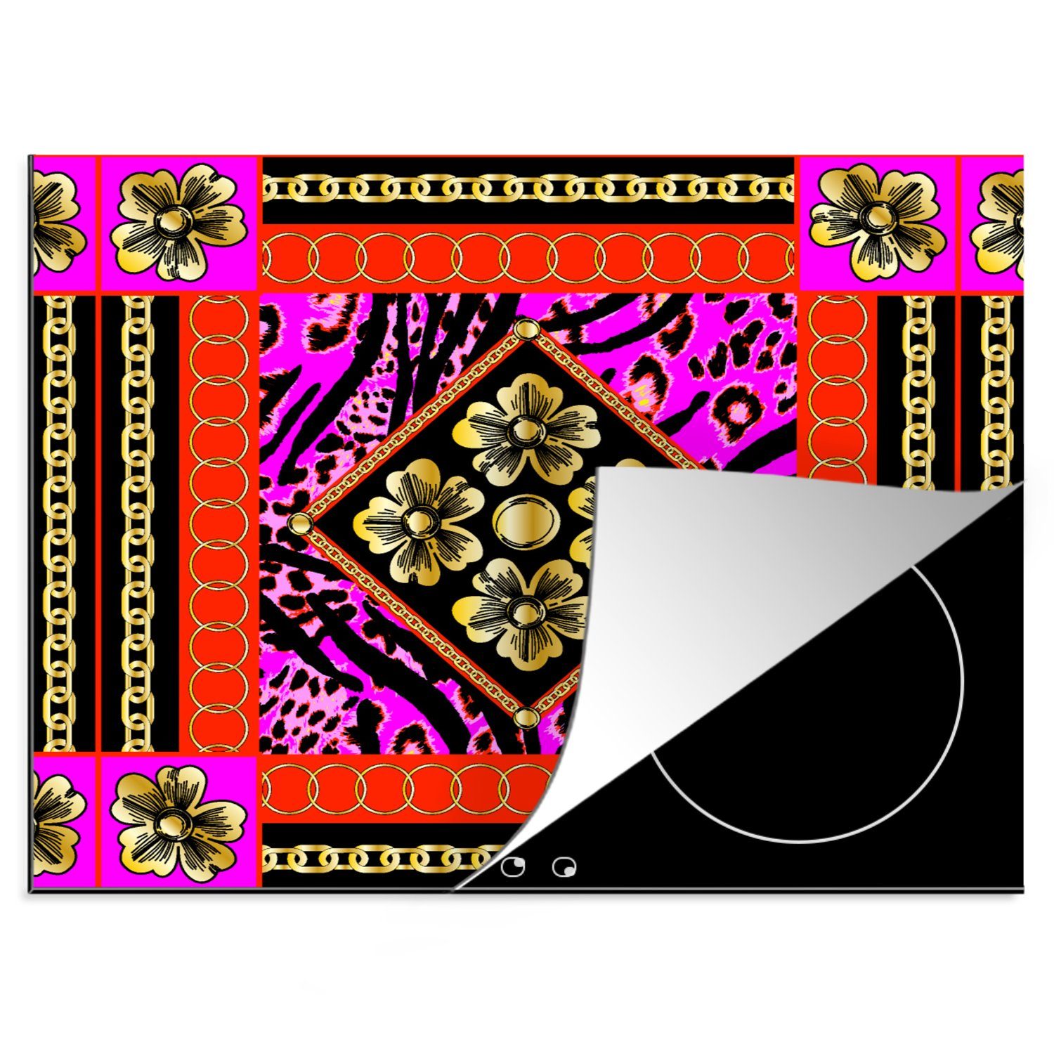 MuchoWow Herdblende-/Abdeckplatte Blumen - Halskette - Pantherdruck - Gold - Muster, Vinyl, (1 tlg), 60x52 cm, Mobile Arbeitsfläche nutzbar, Ceranfeldabdeckung
