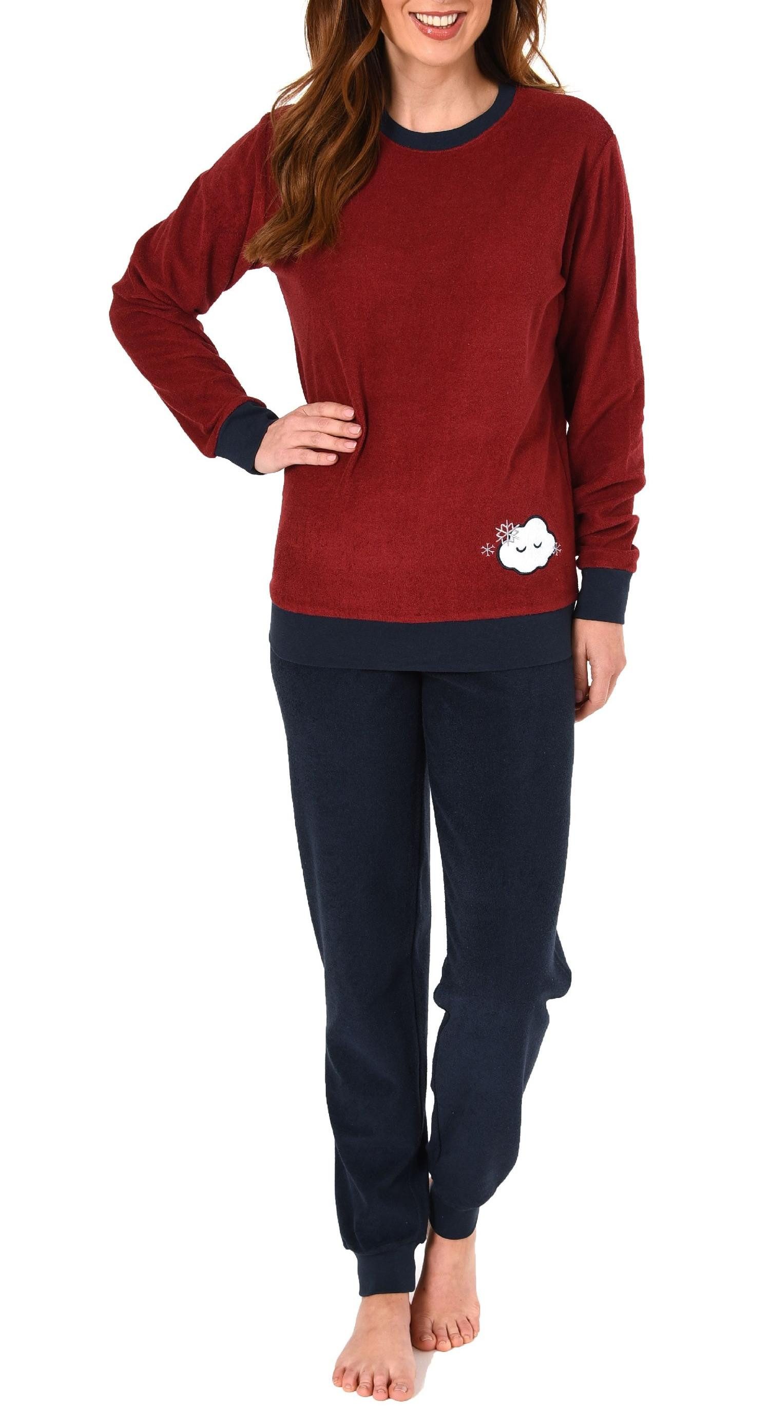 Pyjama Damen Frottee Pyjama langarm mit Bündchen und süsser Applikation