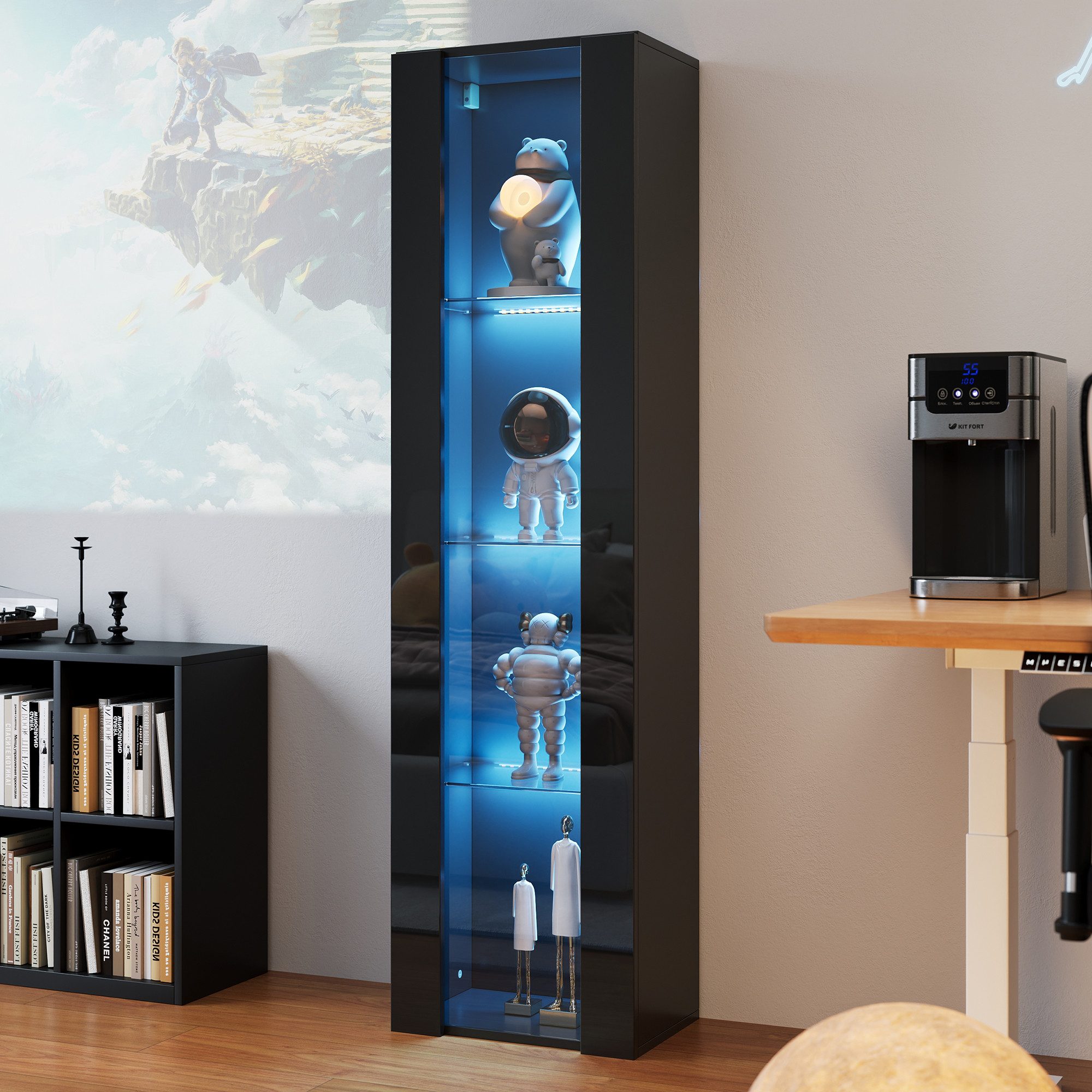 Merax Vitrine Glasvitrine mit LED-Beleuchtung inkl.Fernbedienung (1-St., 40x29x170 cm) Vitrinenschrank Standvitrine mit Glastrennwand und Acrylfront