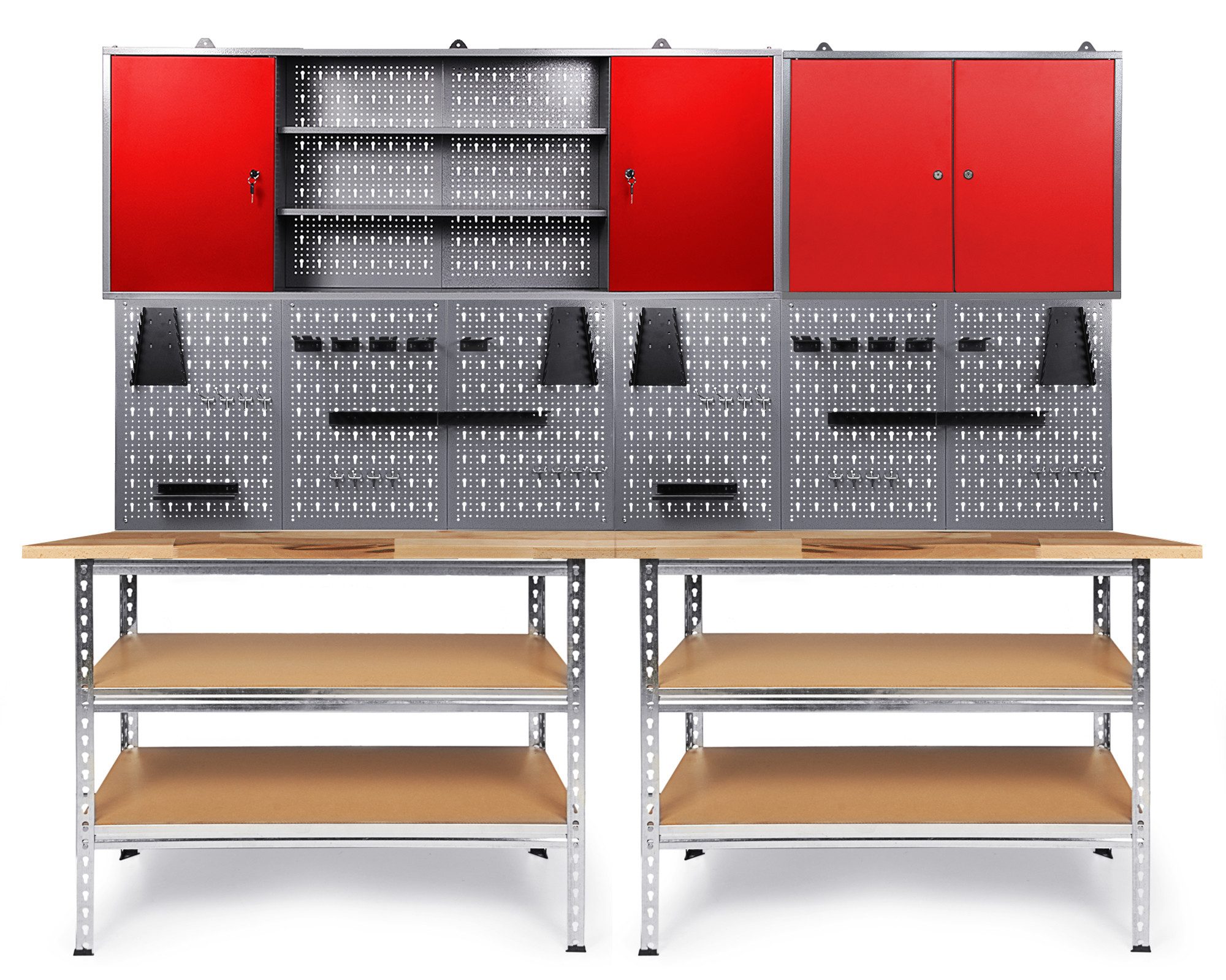 ONDIS24 Werkstatt-Set Werkbank 240 cm 2x Werkbank Metall 2x Lochwandset Werkzeugschrank, 28mm Arbeitsplatten, inkl. Lochwandhakenset