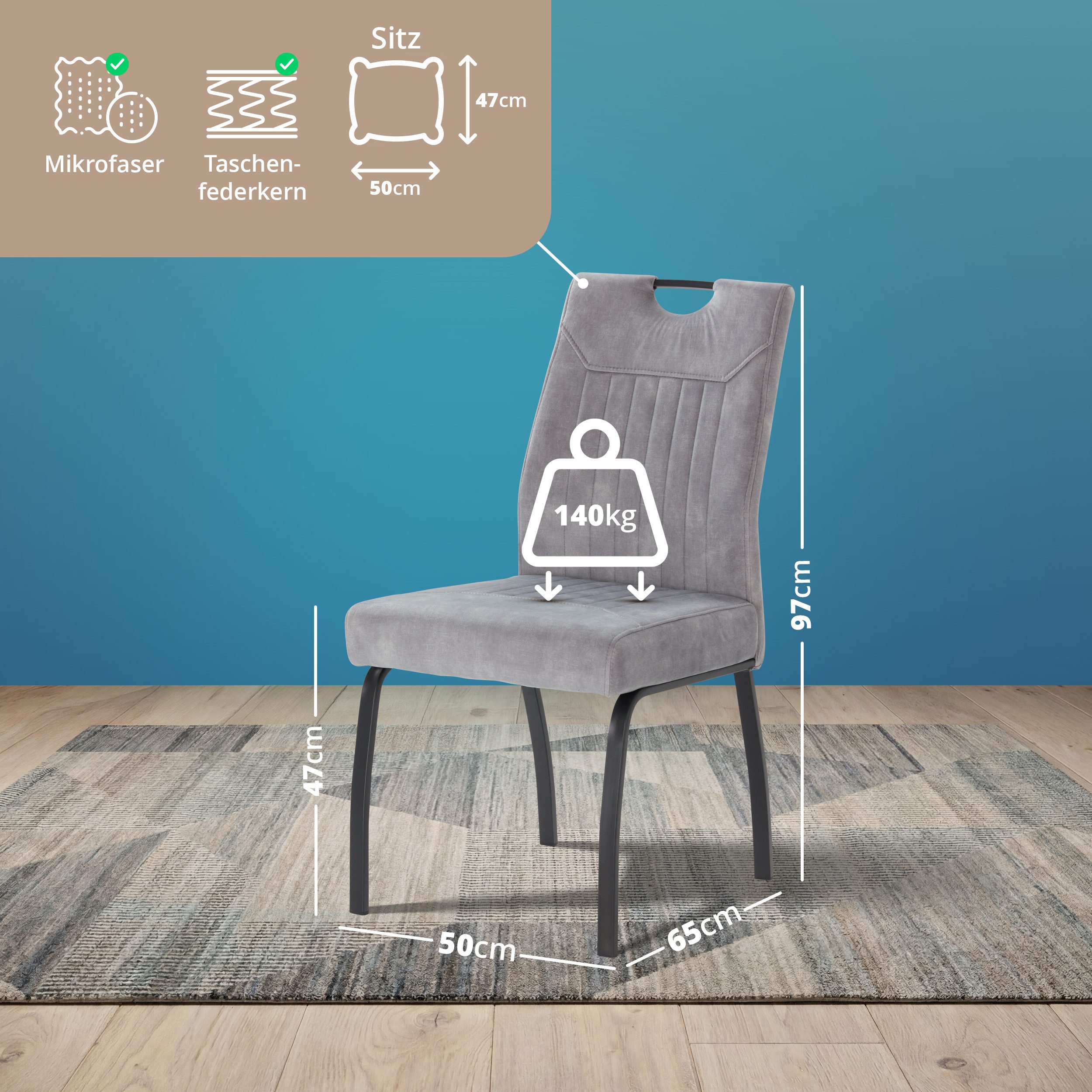 KHG Esszimmerstuhl Küchenstuhl Mikrofaser Hellgrau-Schwarz, mit Taschenfederkern (Indoor-Stuhl DIN EN 12520 geprüft), 4-Fuß-Metallgestell Schwarz, bis 140 kg belastbar