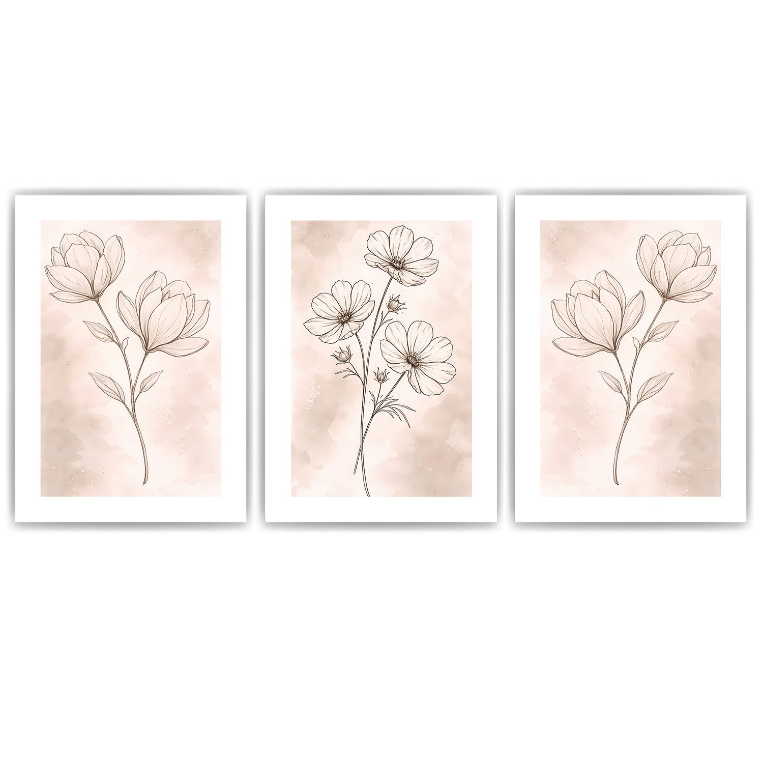 Tigerlino Poster Magnolie Poster 3er Set Beige Boho Botanische Blumen Wandbilder