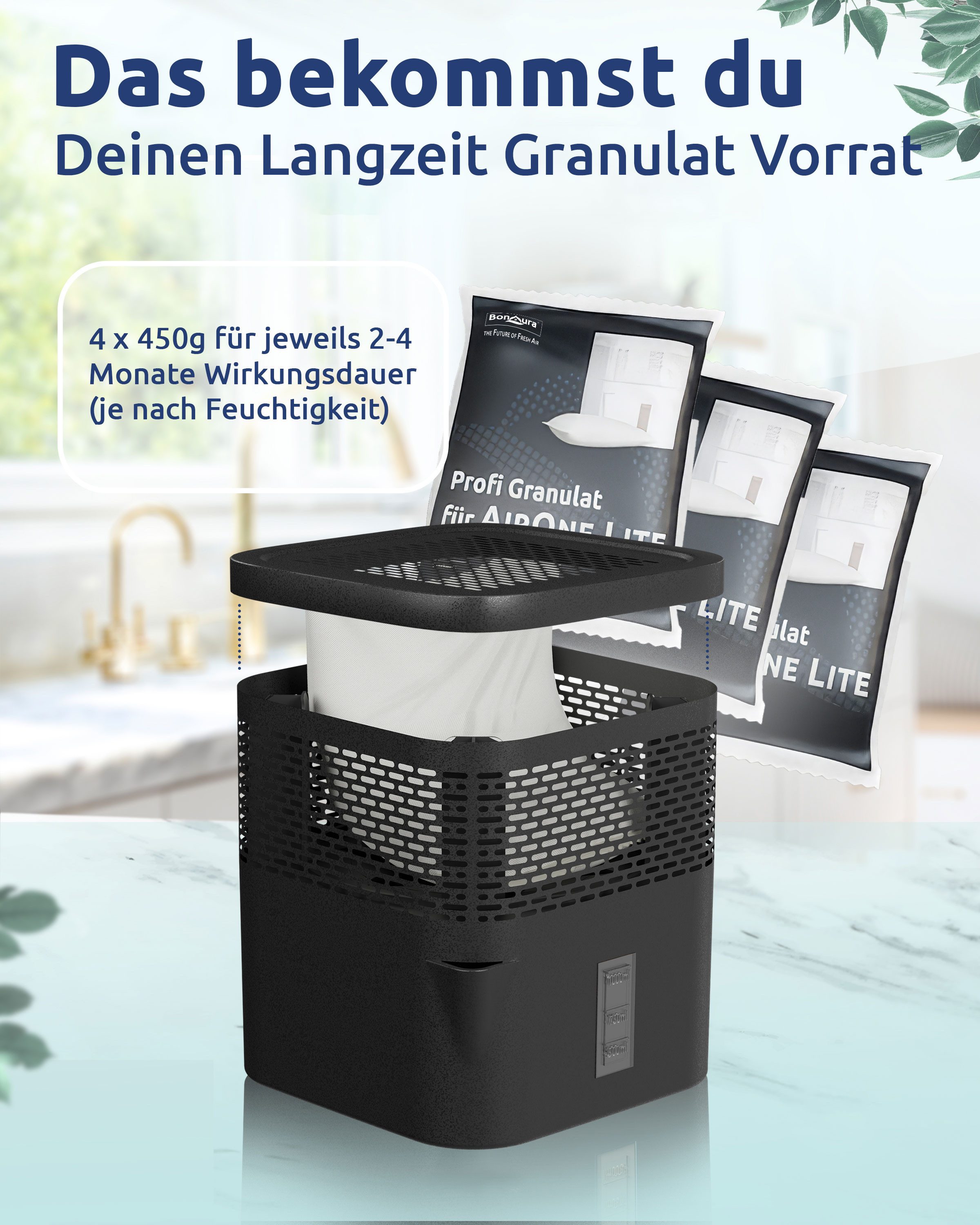 BonAura Luftentfeuchter-Nachfüllpack Entfeuchter Granulat im Vliesbeutel, 2er-, 4er- oder 6er Set, 450g pro Stk., Geruchsneutral