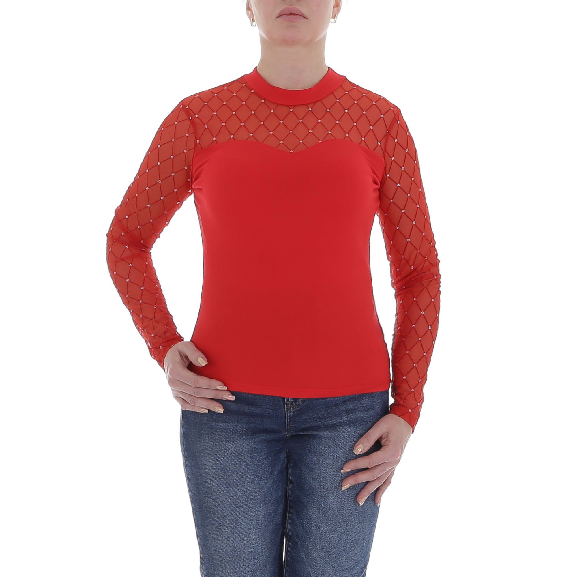 Ital-Design Langarmbluse Damen Elegant Glitzer Transparent Top & Shirt in Rot