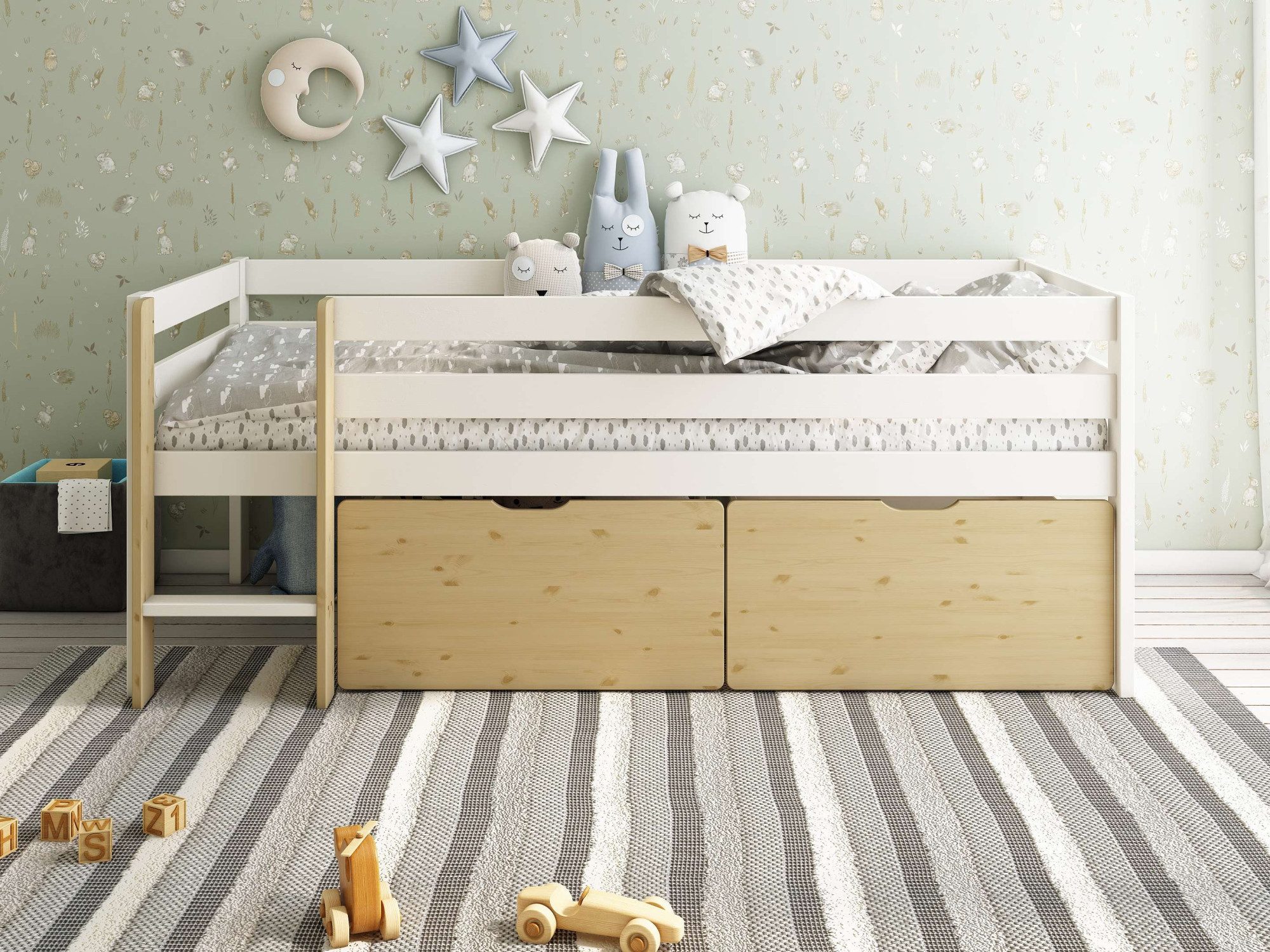 OTTO home Kinderbett Tide (4-tlg., Kinderbett inklusive Lattenrost und 2 Bettkästen), inklusive 2 Bettschubkastensten für Spielzeug, Rundumrausfallschutz