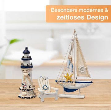 Flanacom Badaccessoires-Sets Maritime Badezimmer Deko - Holz Decor Accessoires, 3er Set, Leuchtturm, Segel-Schiff und Strand-Stuhl