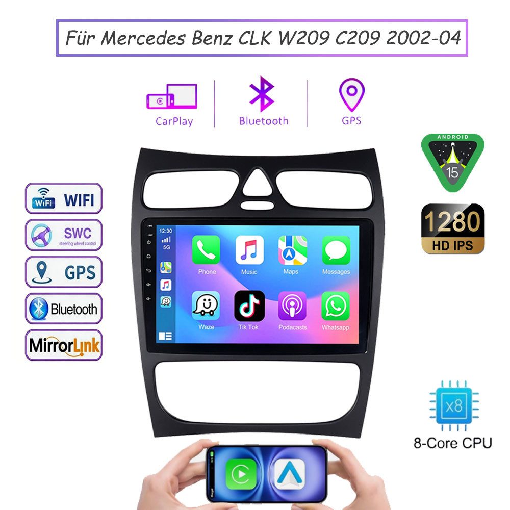 A-Sure 4+64G 8Core Android 15 Navi GPS FM AM Für Mercedes Benz CLK W209 C209 Autoradio (Digitalradio (DAB), FM, AM, 1280*800 IPS Screen/8-Core CPU)