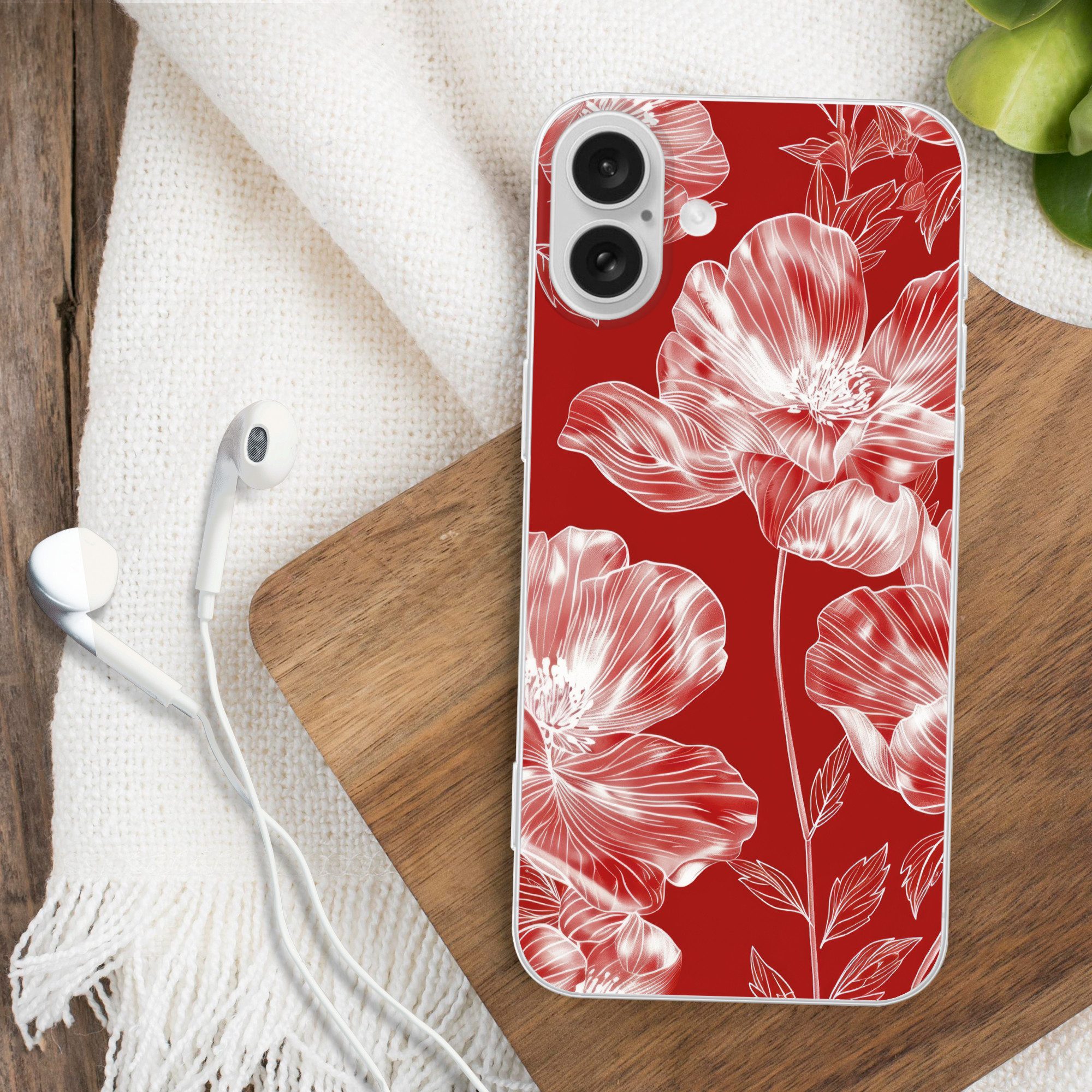 MuchoWow Handyhülle für Apple iPhone 16 Plus Blumen - Muster - Rot - Weiß, Smartphone-Bumper, Print, Handy Schutzhülle Dünn
