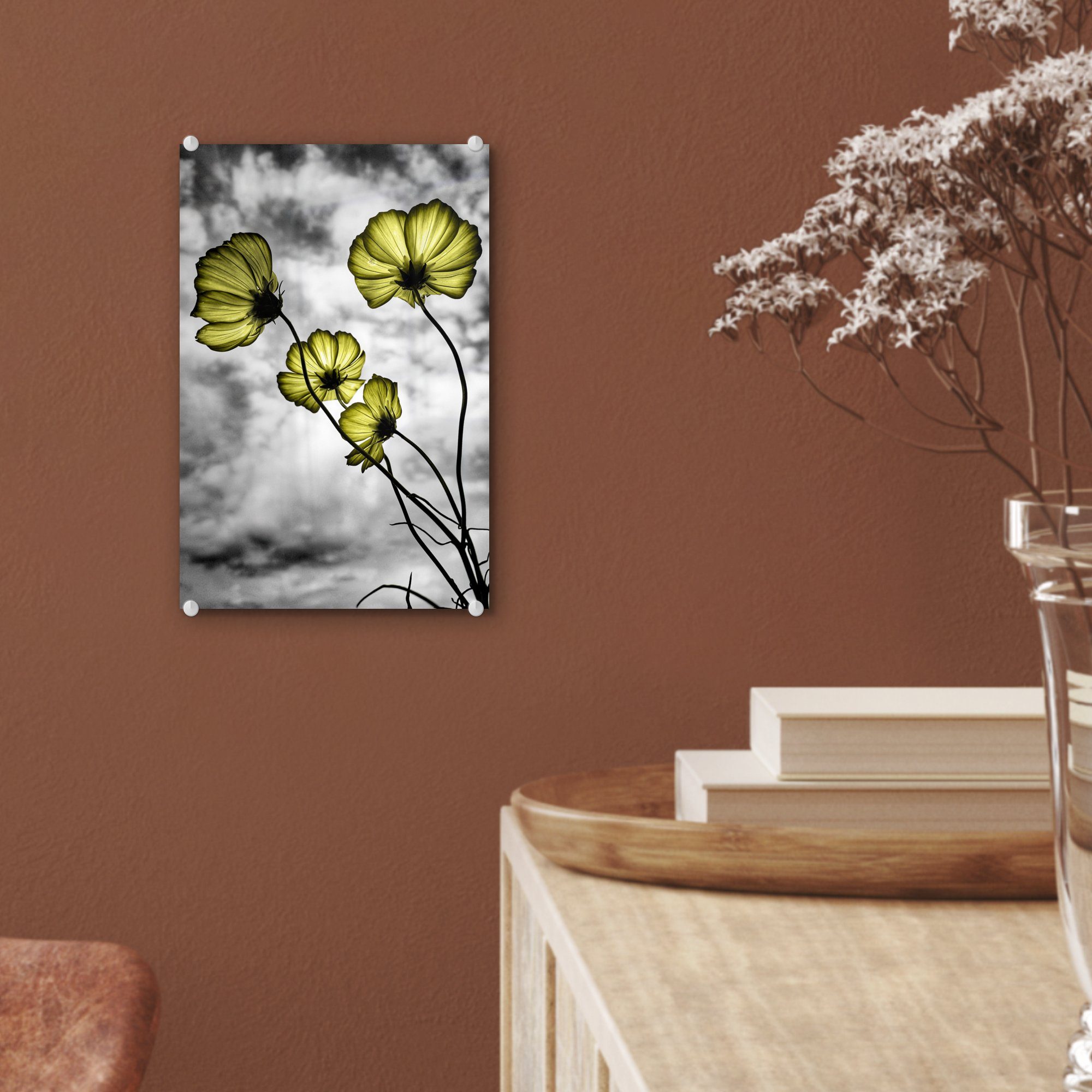 auf - Acrylglasbild auf - Schwarz (1 - Glas Bilder - Glasbilder Glas Wanddekoration - Wandbild Blumen - Foto MuchoWow St), Gelb, Weiß