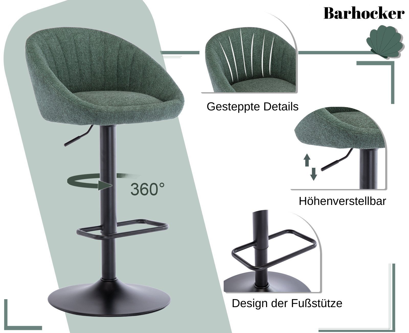 WAHSON OFFICE CHAIRS Barhocker höhenverstellbar drehbar Barstuhl aus Handtuchstoff 2er Set – Bild 4 von 5
