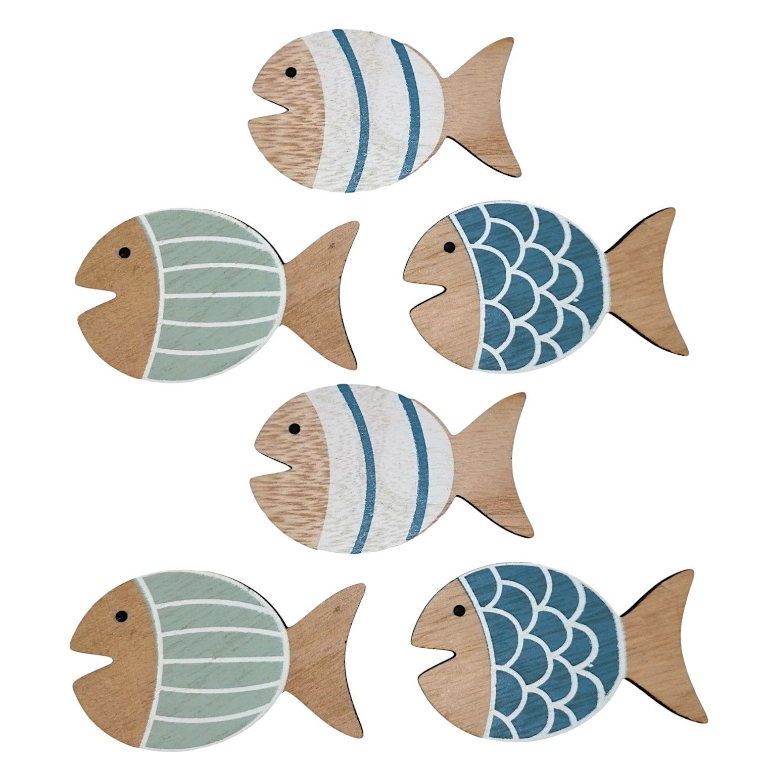 DekoTown Streudeko 6x Holz Fische Maritime Blau Weiß 7,5 cm Streudeko Konfirmation Taufe